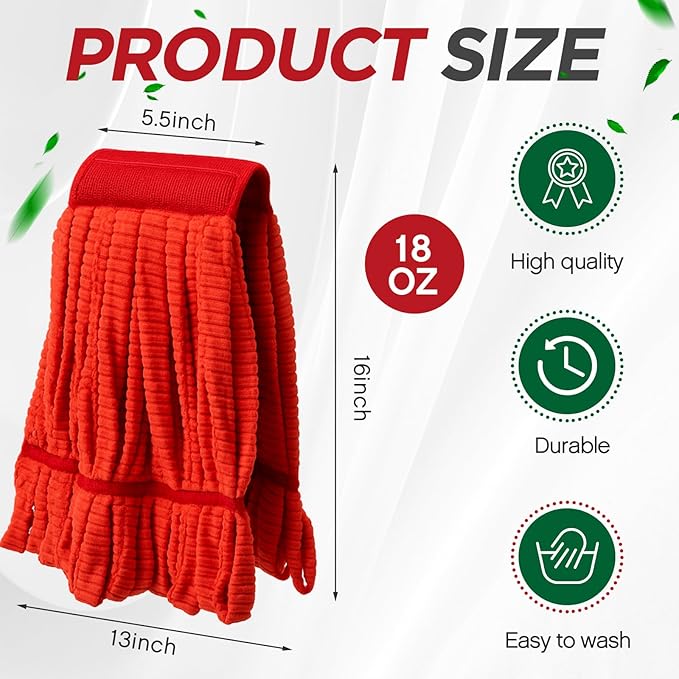 Hushee 12 Pack Large Microfiber Tube Mop Heads 18 oz Heavy Duty Commercial Industrial Wet Mop Head Refill Reusable Machine Washable Looped End Mopheads for Hardwood, Tile, Laminate Floors (Red)
