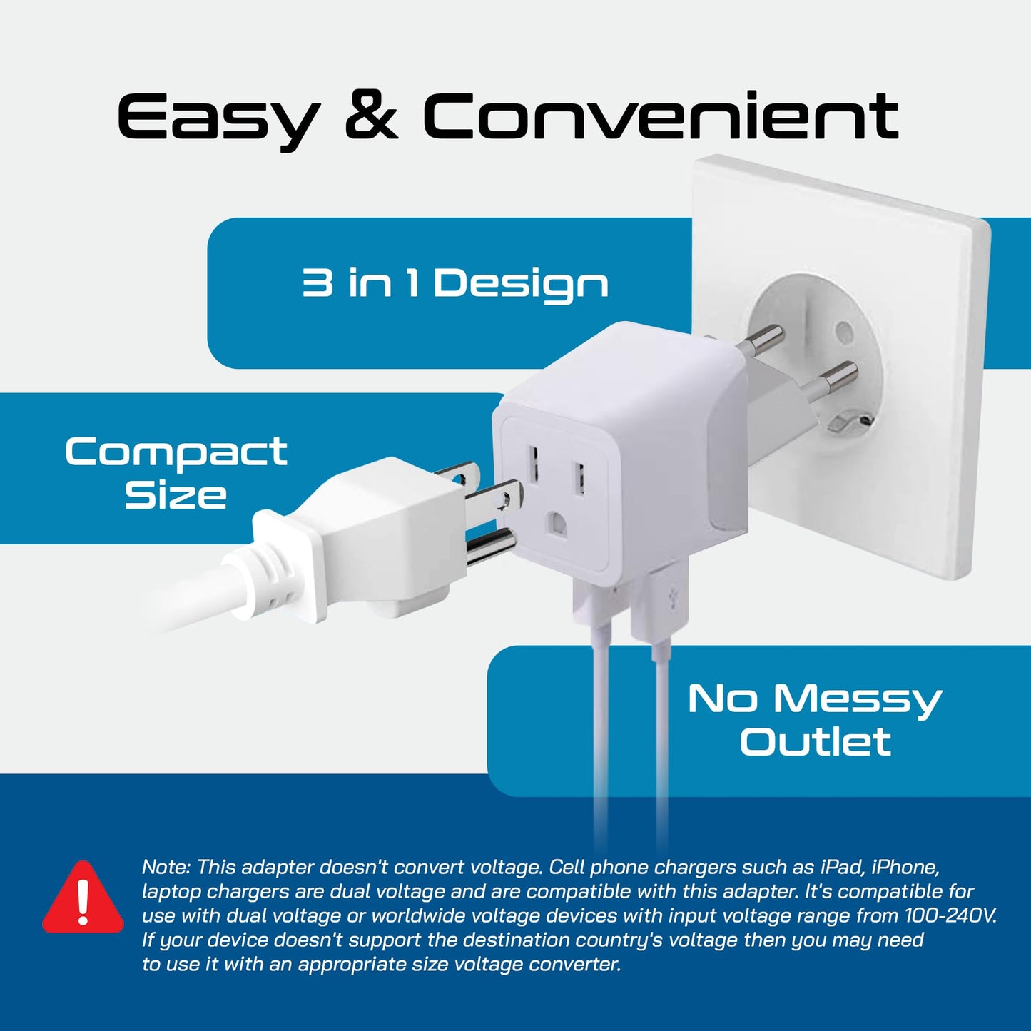 Ceptics 3 In 1 European Travel Plug Adapter - Compact Type C Adapter With Usb-A & Usb-C, Ideal For Phones, Laptops, Cameras & Mo