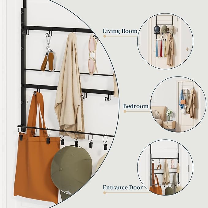 Consumest Over The Door Organizer - 3 Tier Door Hanger Hooks for Hanging Clothing, 24 Inches Long Coat Hanger for Bedroom, Bathroom, Laundry or Dorm Room, Black