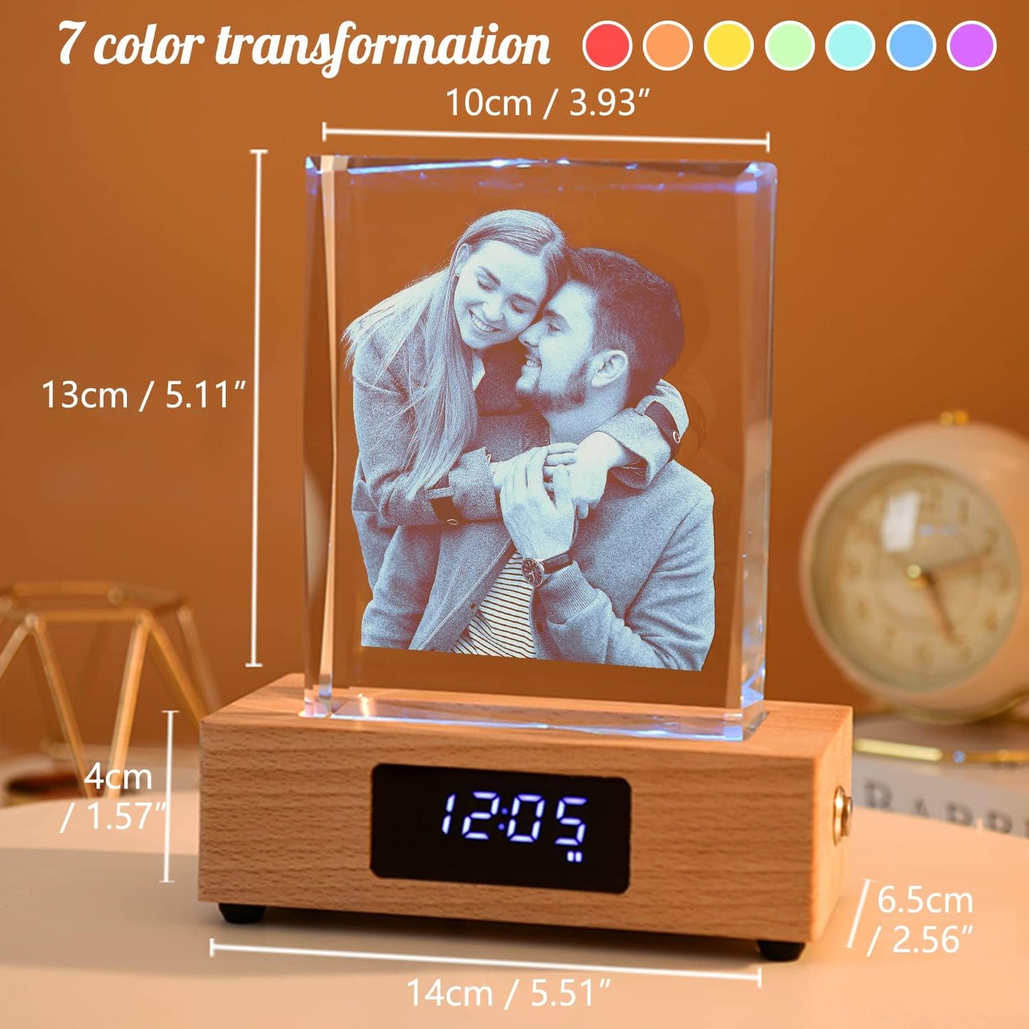 Personalized Rectangular Night Light 3D Crystal Light Custom Photo Engraving LED Light Color Change with Clock Base Personalized Gift Men Women Home Christmas Decoration