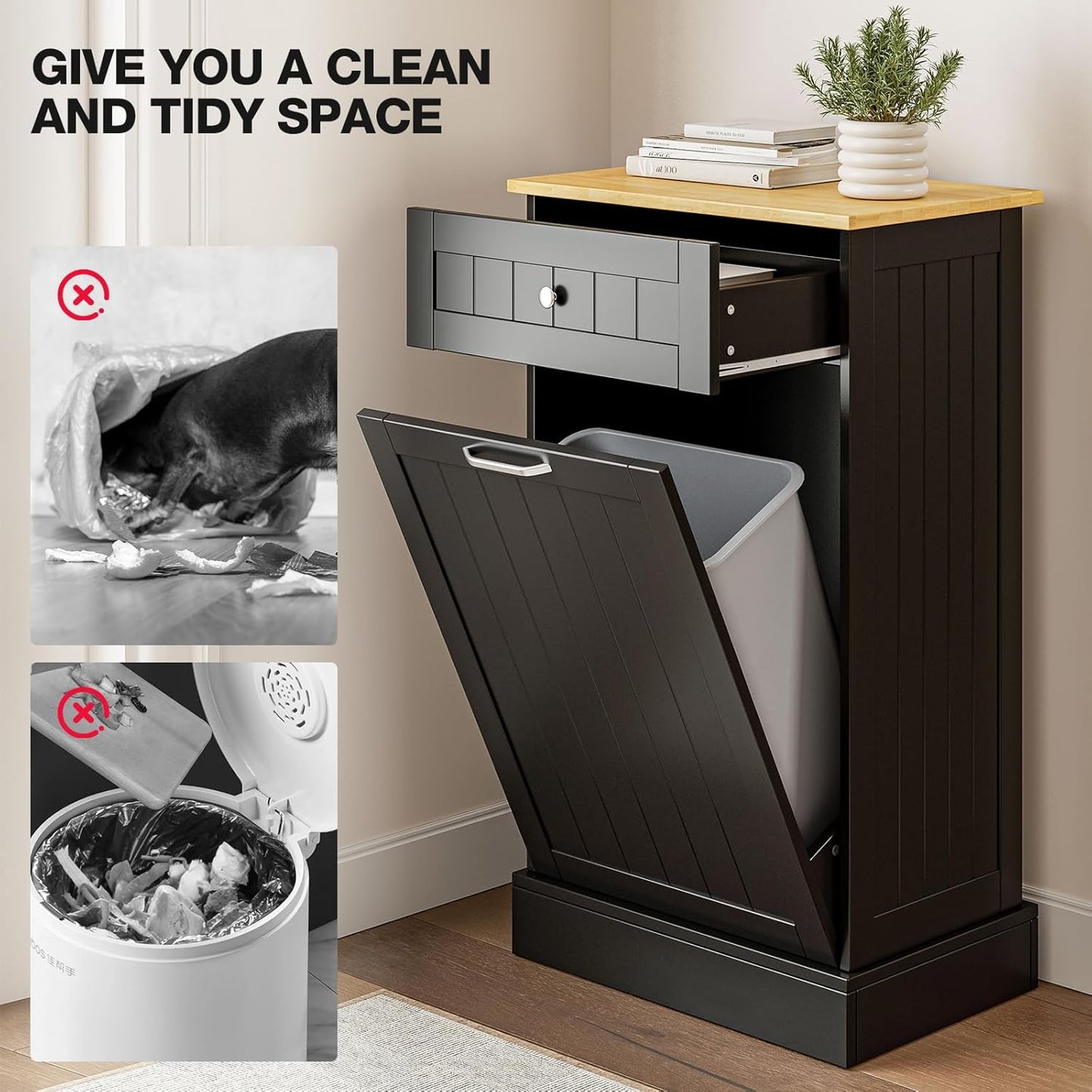 GAZHOME 10 Gallon Tilt Out Trash Cabinet, Upgrade Wooden Free Standing Recyclin Trash Cabinet with Hideaway Drawer(Black)