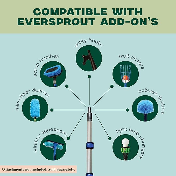 EVERSPROUT Pro Pole, 5-to-12 Foot Heavy Duty Extension Pole (3-Stage), Lightweight Anodized Aluminum, Telescoping Pole - Fits Standard ACME Threaded Adaptor for Cleaning, Squeegee, Bulb Change & More