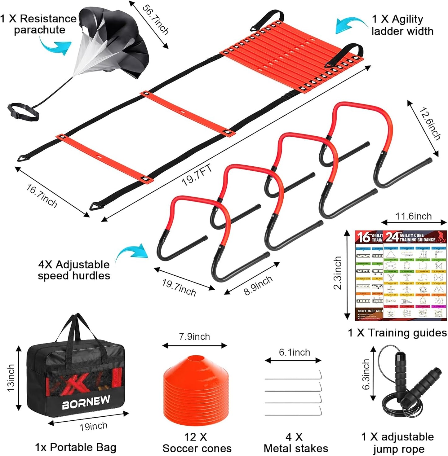 Agility Speed Training Equipment Set, Football Practise Set with 20ft Agility Ladder, 12 Cones, 4 Adjustable Hurdles, Jump Rope, Parachute, for Basketball, Soccer, Football, Kids, Youth, Adults