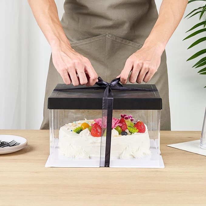 Restaurantware Sweet Vision 10 Inch x 8.25 Inch Transparent Cake Boxes 10 Grease Resistant Base Clear Cake Boxes - Black Lid Black Ribbon Plastic Birthday Cake Boxes For Weddings Or Birthdays