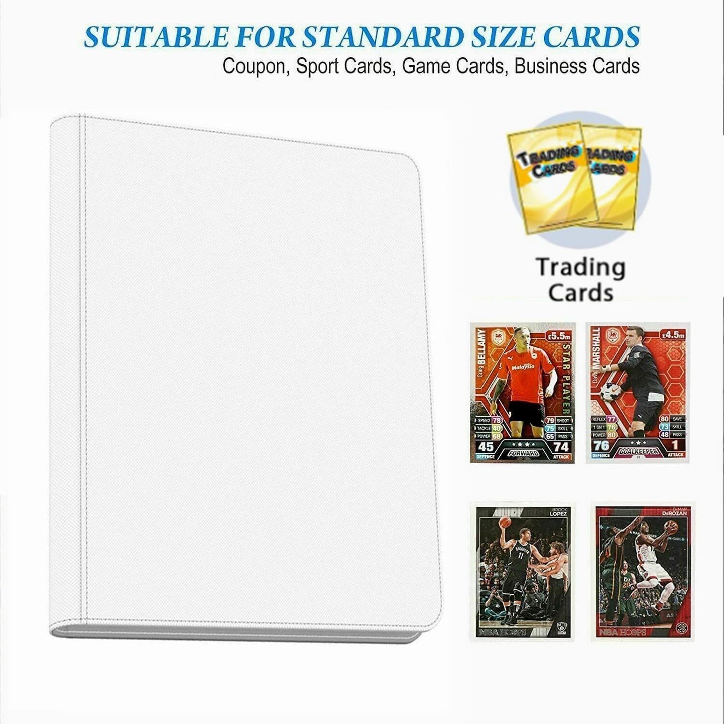 9-Pocket Zippered Trading Card Binder, 864 Pockets Double-Sided Side-Loading Card Organizer Album, PU Leather Card Holder Protector for MTG, TCG, Sports Cards (White)