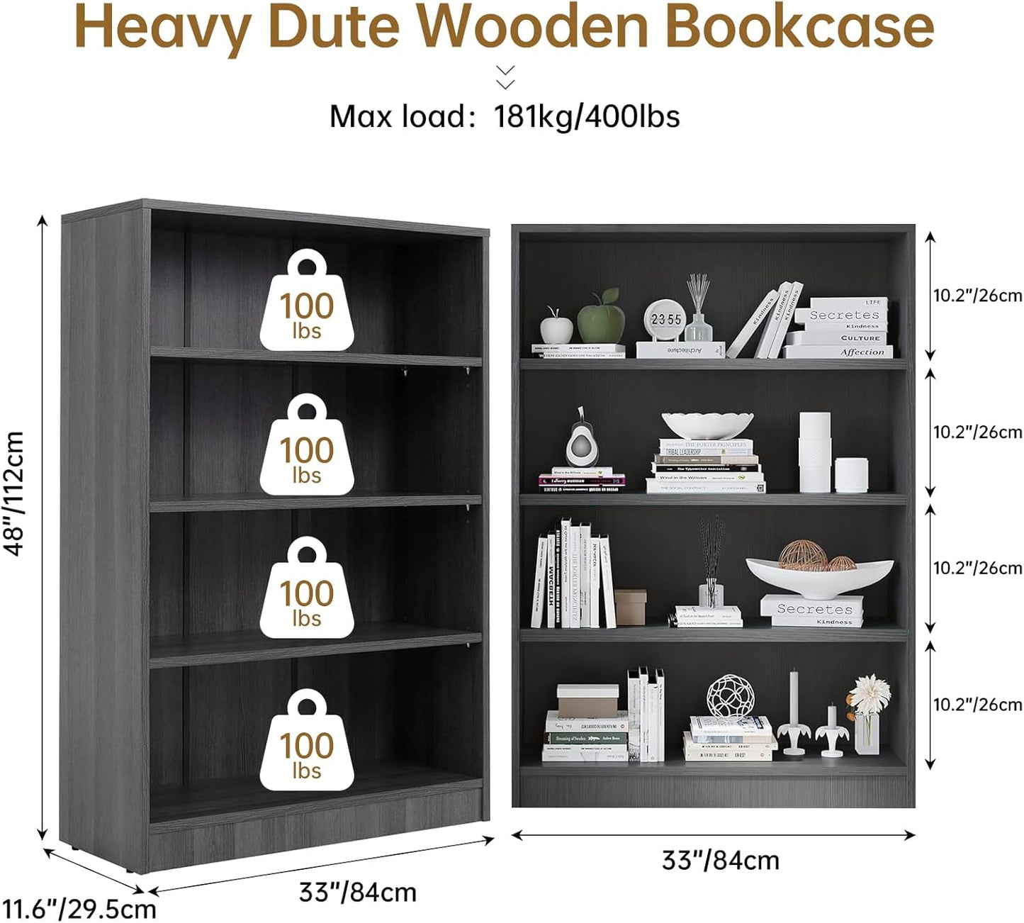 Wooden Bookcase with Adjustable Shelves, 4 Tier Wooden Bookshelf for Small Spaces, Office or Living Room, Modern Bookshelves Storage Rack, Manga Display Shelf,48 Inch,Gray