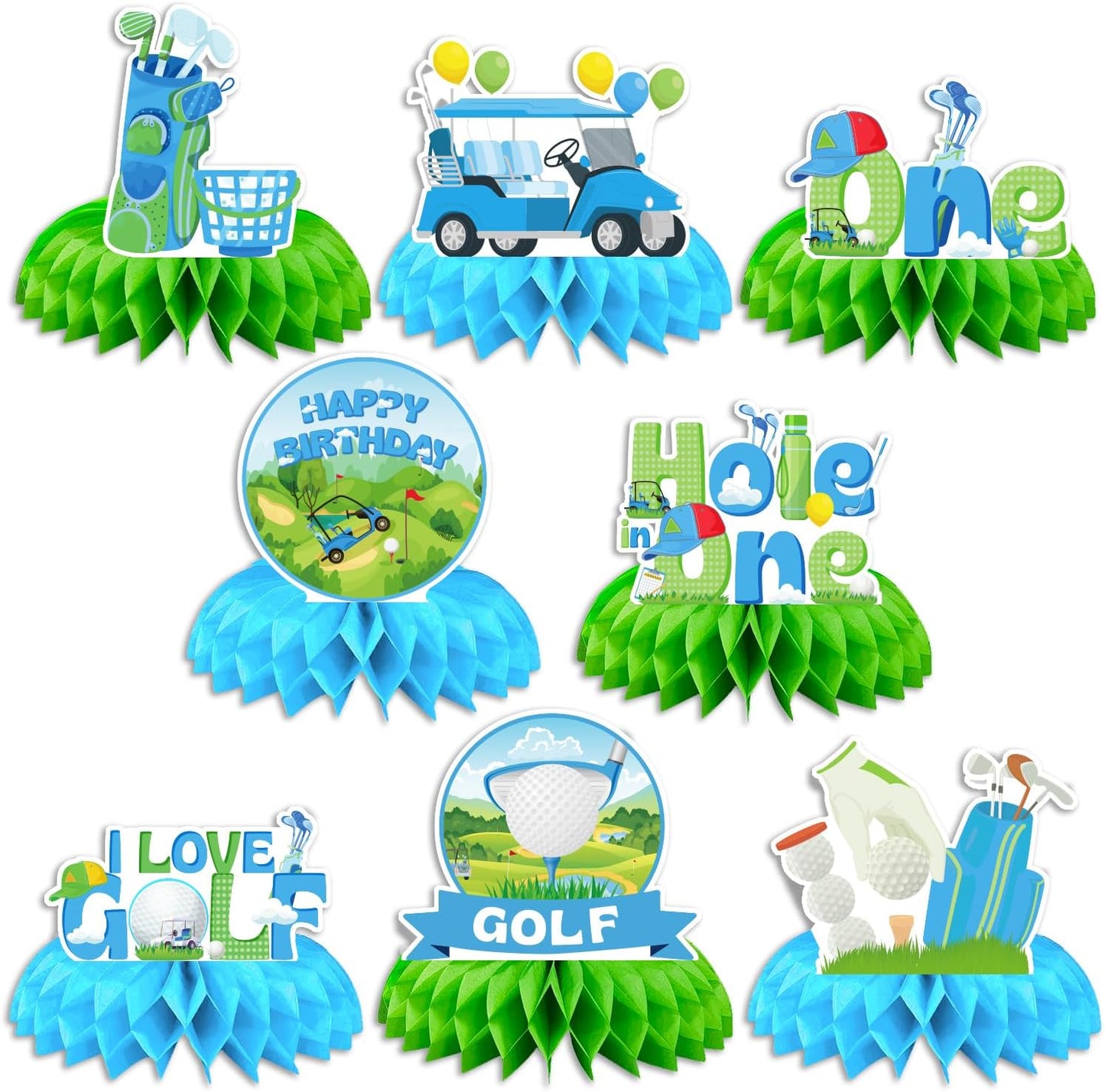 8Pcs Golf Birthday Decorations Green Golf Theme Honeycomb Centerpiece Supplies for Baby Shower Birthday Decor Golf Party Decorations