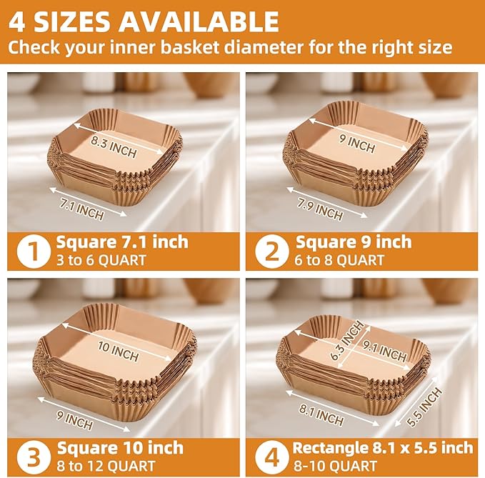 HONYAO Air Fryer Paper Liners 10 inch XXXL for 8-12 Qt Airfryer, 200pcs inch Square Thickened Disposable