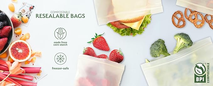100% Compostable Food Storage Bags [Gallon 50 Count] Eco-Friendly Freezer Bags, Resealable-Bags, Heavy-Duty, Reusable, Off-White by Earth's Natural Alternative (Pack of 8)