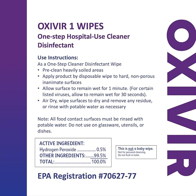 Oxivir Diversey 1 100850922 Disinfectant Cleaning Wipes, Pre-Moistened with Accelerated Hydrogen Peroxide AHP, Unscented, 60 Medium 7x8-Inch Wipes, 1-Slim Canister