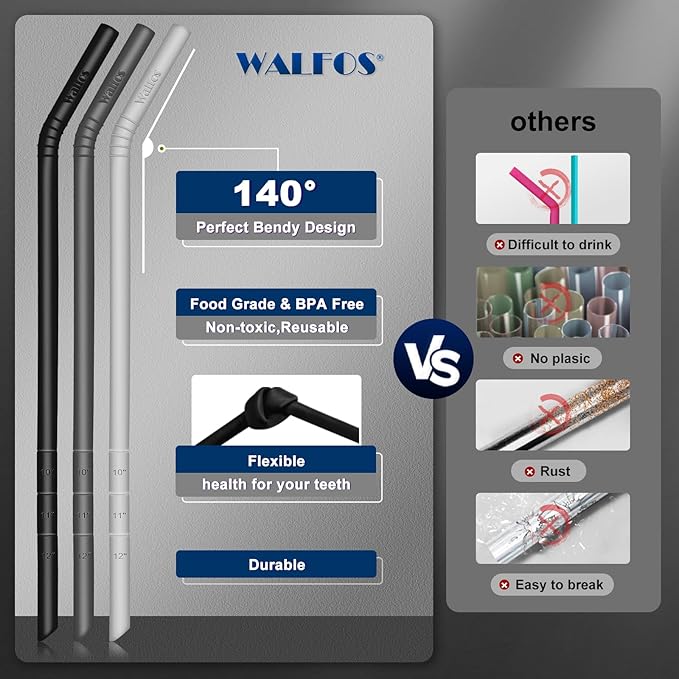 WALFOS Extra Long Reusable Silicone Straws 14.5 inch, Big Sizes Flexible Bendy Straws for 1/Half Gallon Large Water Bottles, 128 75 64 40 OZ Tumbler with Cleaning Brush (6-Pack)