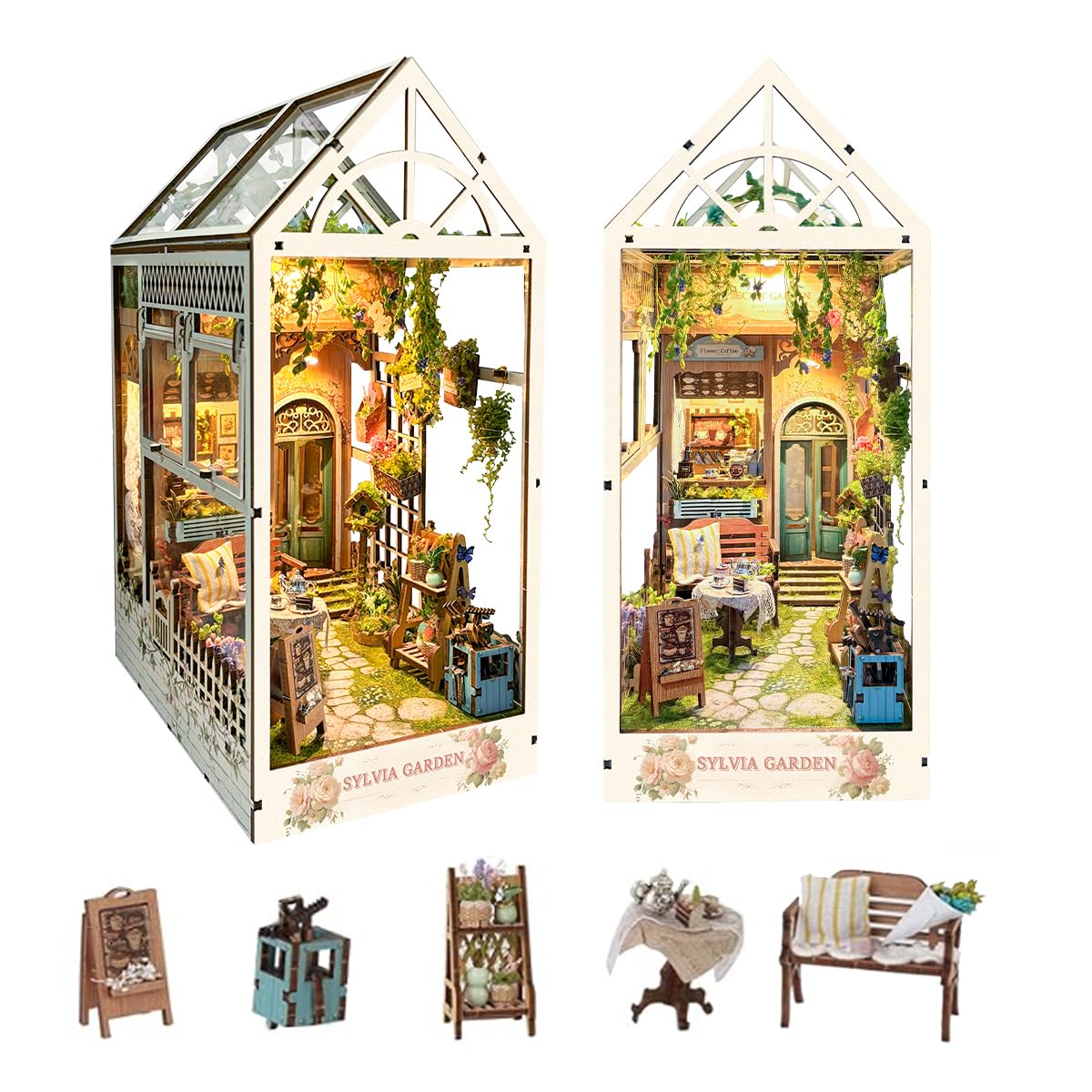 STRUCWOOD LED Garden Book Nook Kit DIY Miniature Dollhouse 3D Puzzle Wooden Bookshelf Room Decoration- Booknook Kits for Adults- Sylvia Garden (SQ-22)