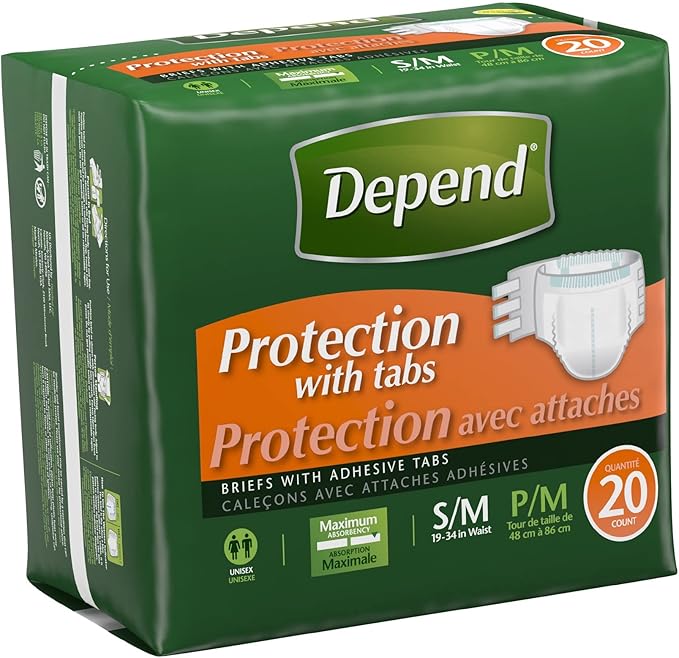 Depend Protection with Tabs, Maximum Briefs S/M, 20 Count 19-34 in Waist