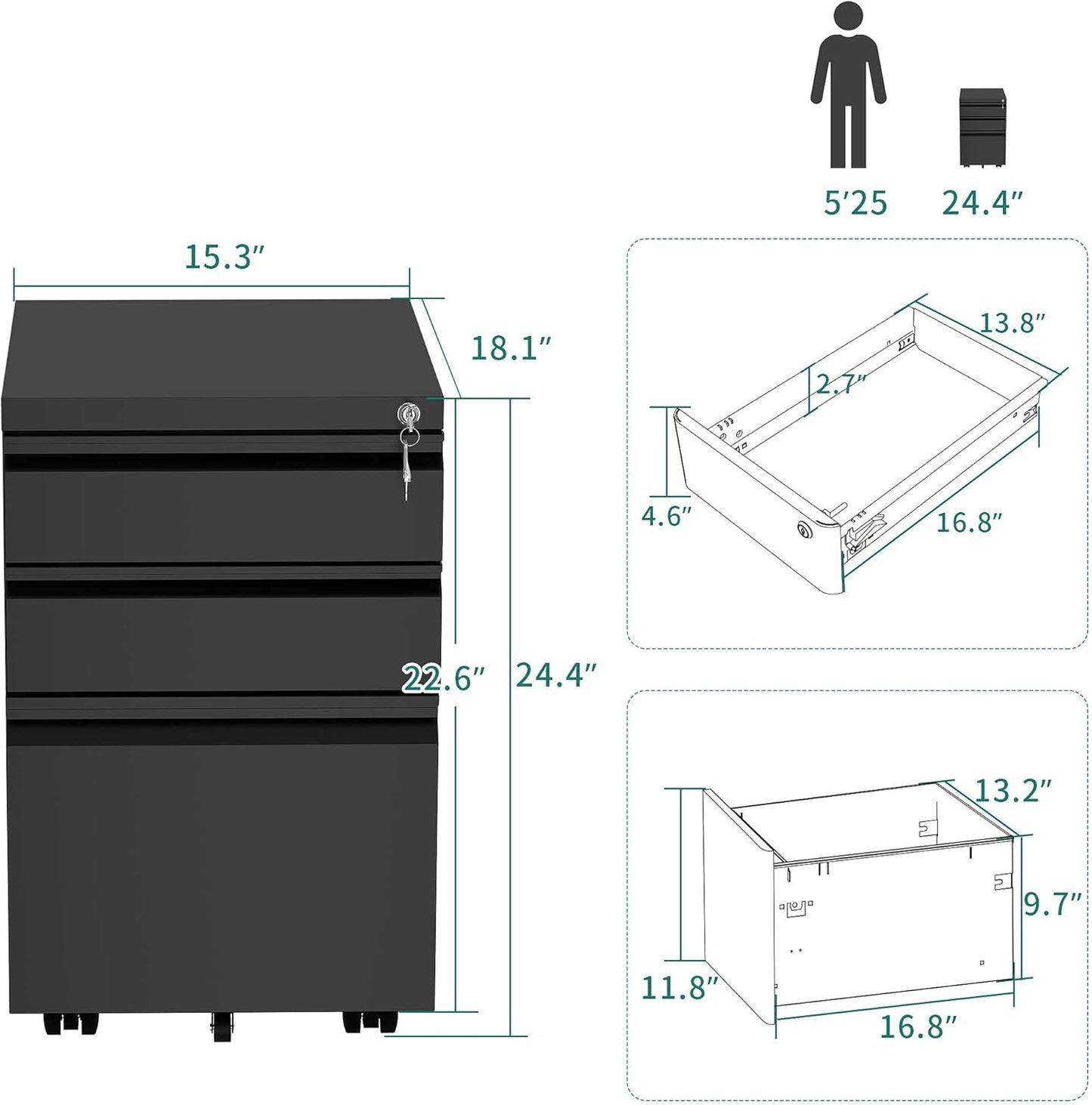 YITAHOME 3-Drawer Mobile File Cabinet with Lock, Office Storage Filing Cabinet for Legal/Letter Size, Pre-Assembled Metal File Cabinets Except Wheels Under Desk -Black