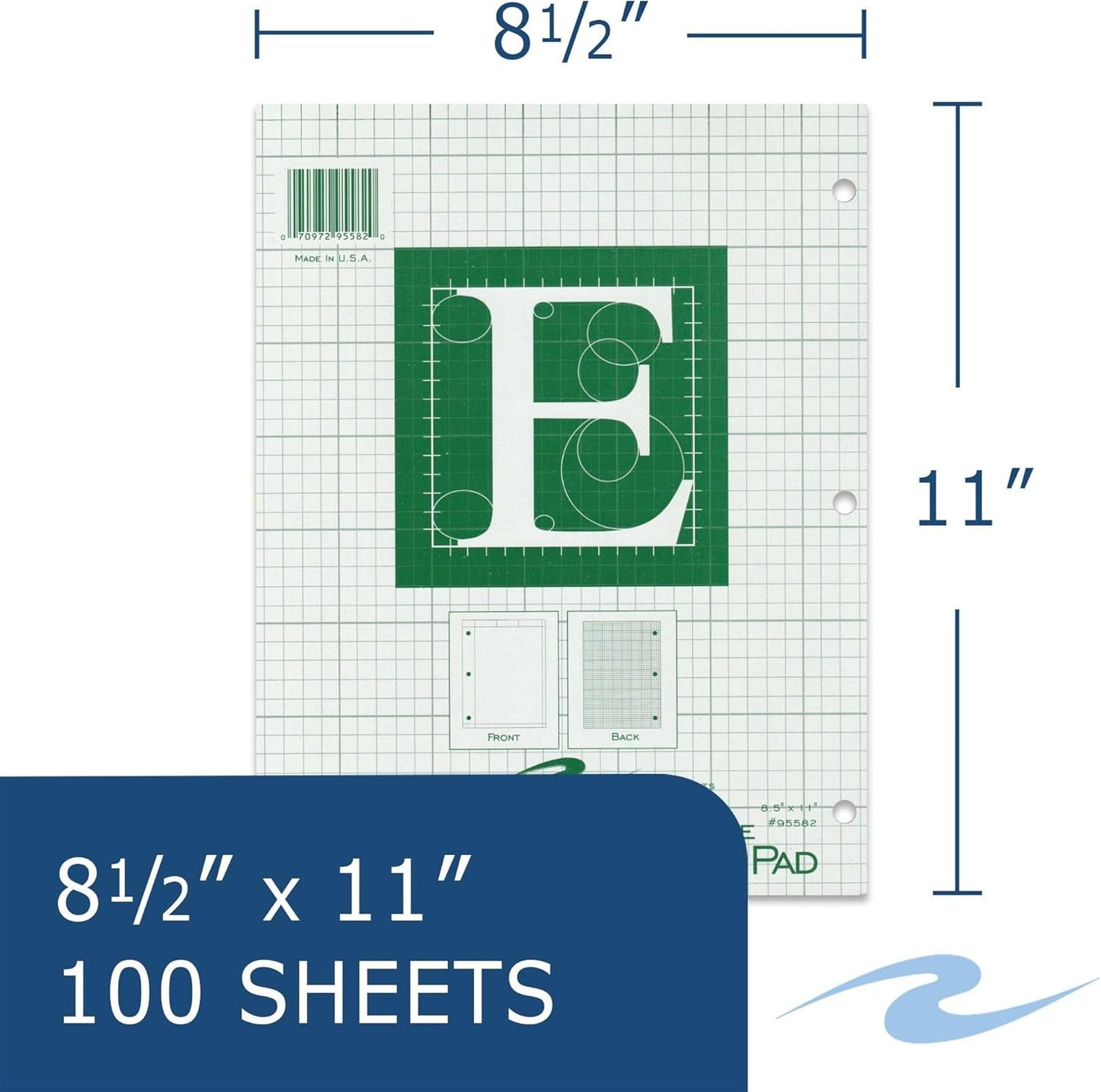 ROARING SPRING Engineering Pad, 8.5" x 11", 100 Sheets 15lb Green Paper, 5x5 Printed Back Grid-to-Edge, Top Glued, 3-Hole Punched, Proudly Made in USA, Heavy Backing Board