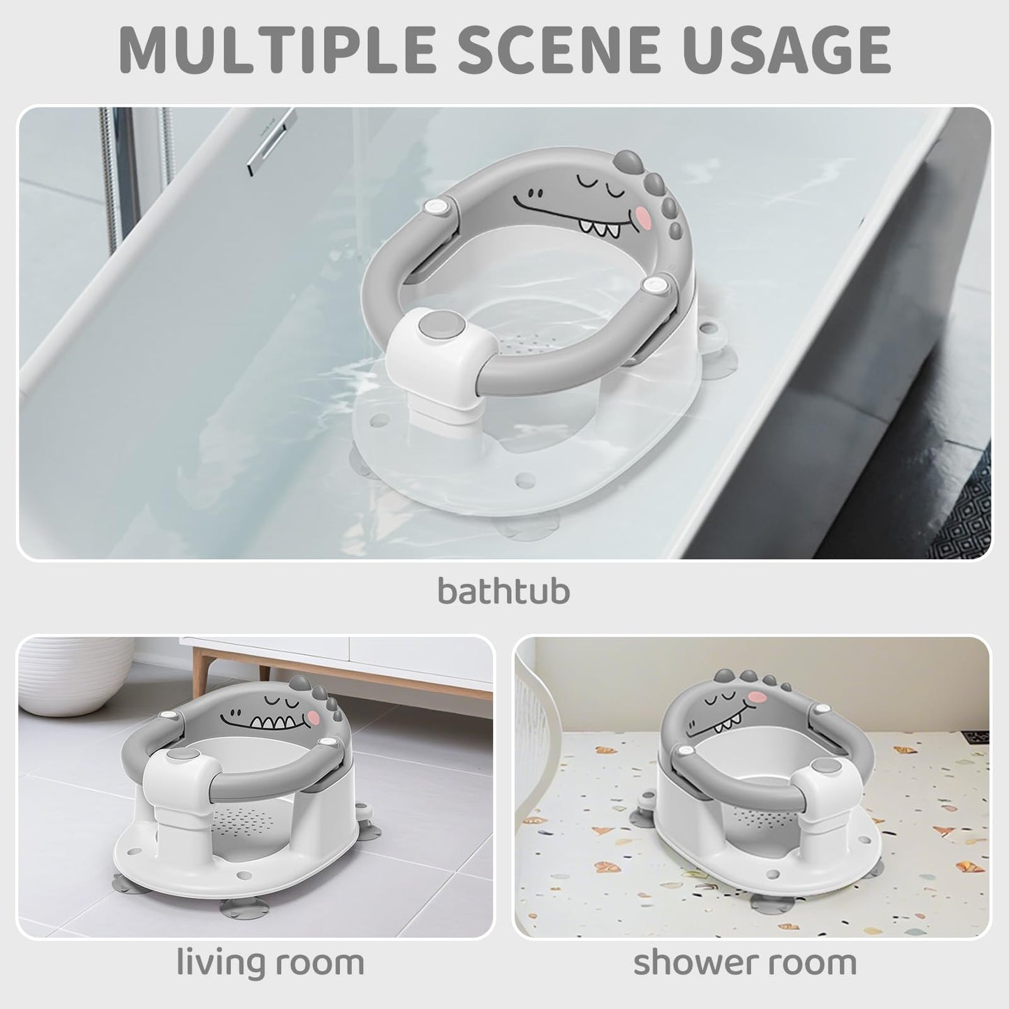 TPN Baby Bath Seat for Babies 6 Months & Up, Non-Slip Toddler Bath Seat with 5 PCS Waterproof Emoji Stickers, Portable Infant Bath Seat for Baby(Grey)