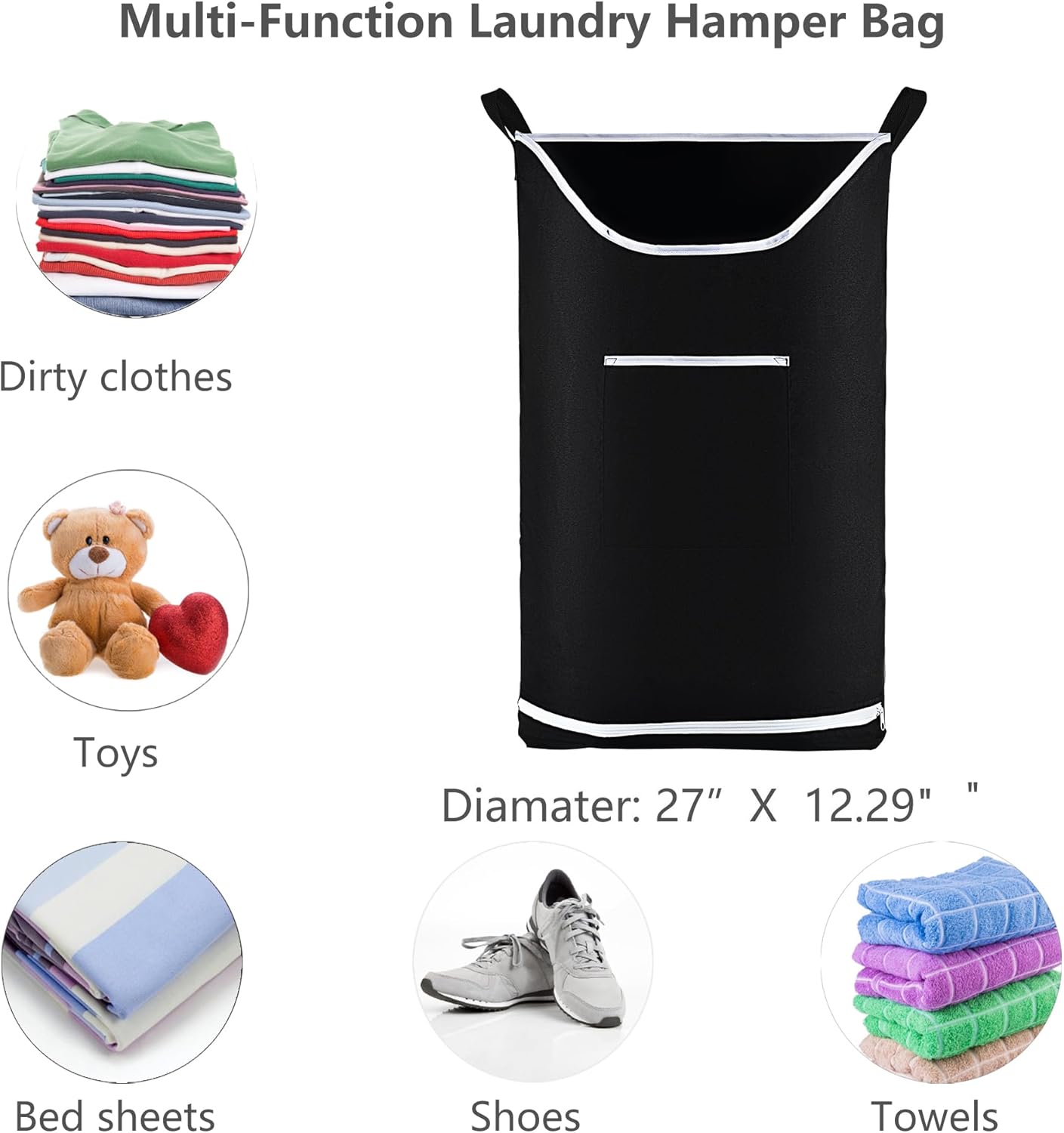 Hanging Laundry Hamper Bag Behind Door Hampers for Laundry Hanging Save Space Zipper Laundry Hamper Door Hanging with 2 PCs Stainless Steel Hooks Suction Hooks for Wall/Bathroom (Black-2Pack)