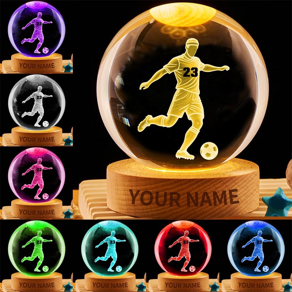 Personalized Soccer Crystal Night Light Gift for Men Women, Custom Name/Number Soccer Player 3D Crystal Ball Night Light Lamp for Bedroom Room Sports Decor Party Bar Christmas Birthday Gift