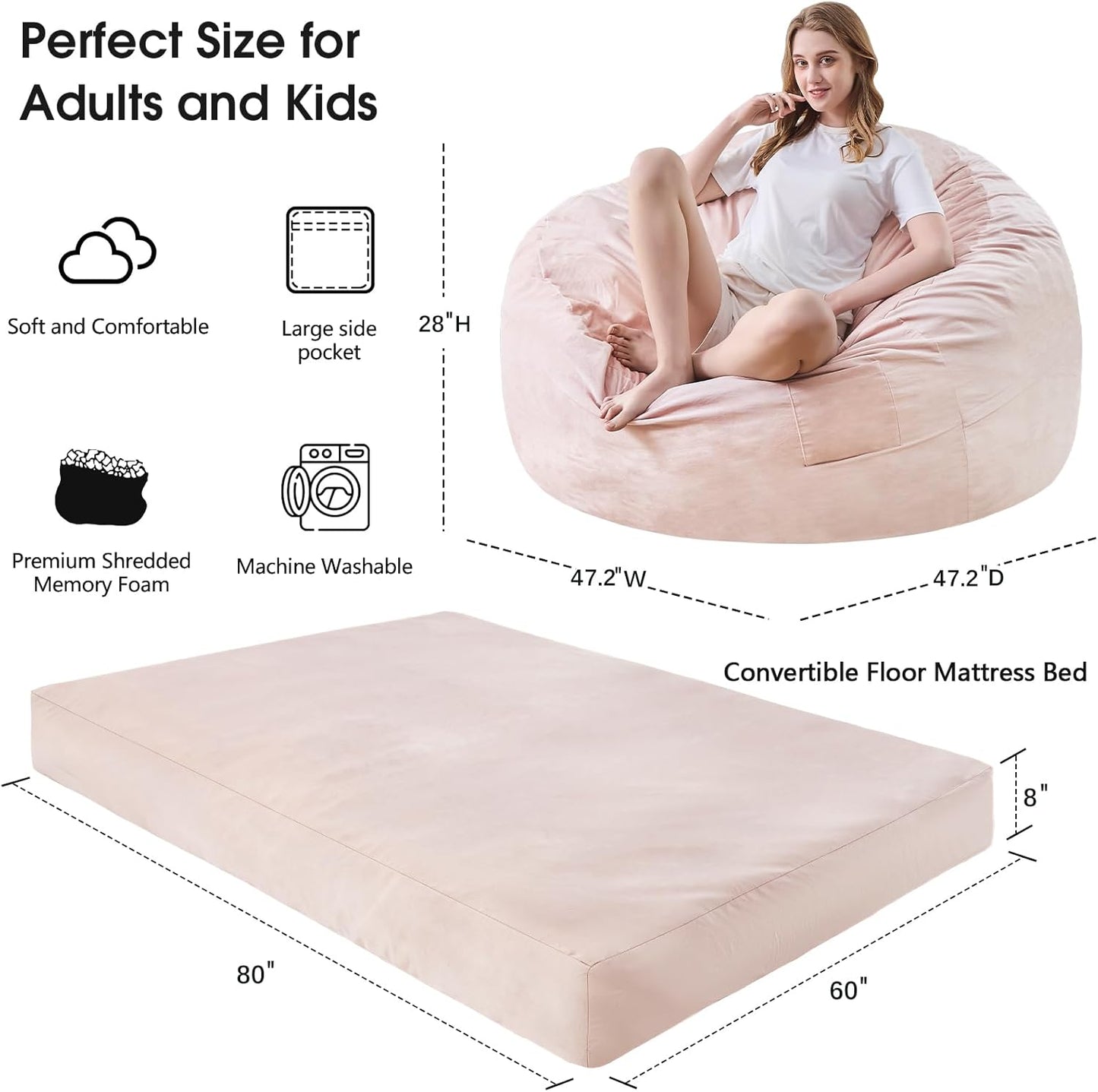 Bean Bag Chairs for Adults - Giant Bean Bag Chair Convertible Bean Bag Bed - Beanbag Chair with Micro Fiber Cover/Furniture Foam Filler - Floor Couch Sofa in Bedroom Dorm Room - Queen Pink