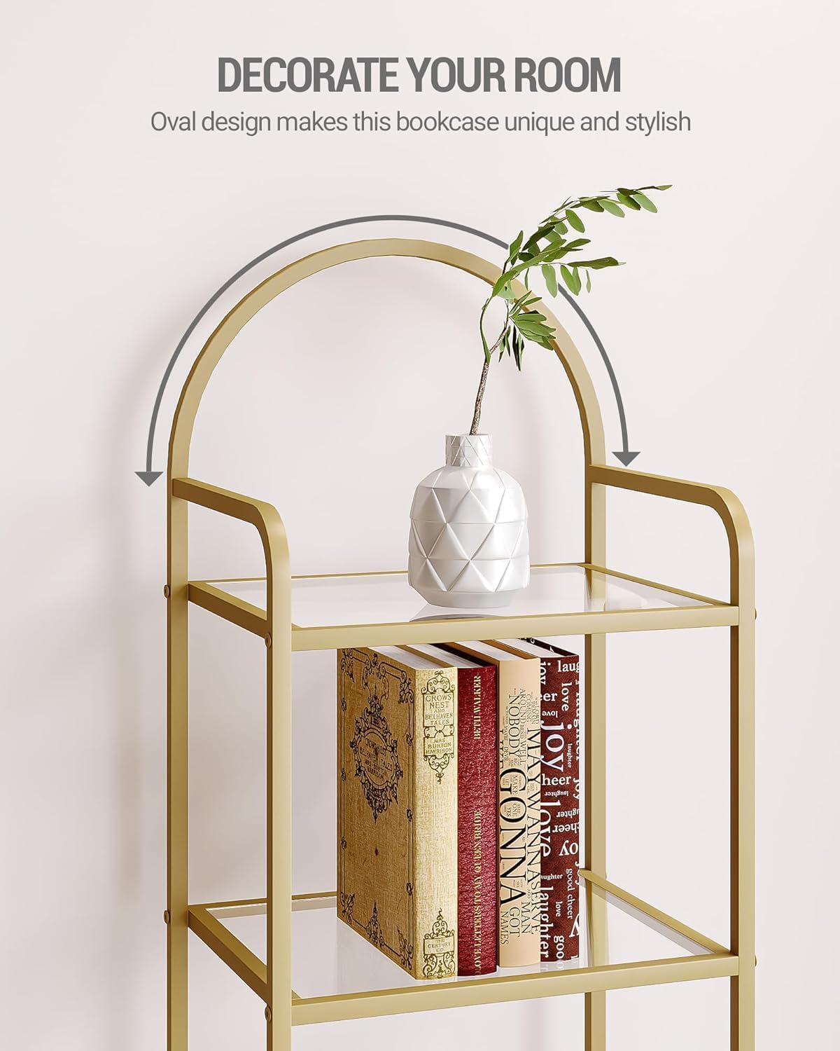 Bookcase Bookshelf, Tempered Glass Bookshelves, Slim Shelving Unit for Bedroom, Bathroom, Home Office, Steel Frame, 4 Tier Gold BC04001G