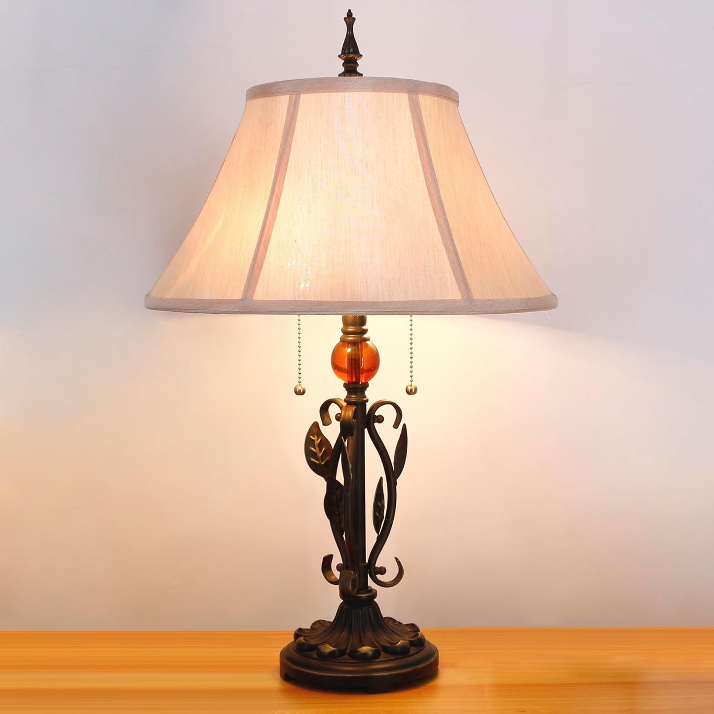 Table Lamp Mid-Century White Fabric Desk Reading Light with Antique Resin Metal Leaf Base 25 Inch Tall Decor for Living Room Office Bedroom