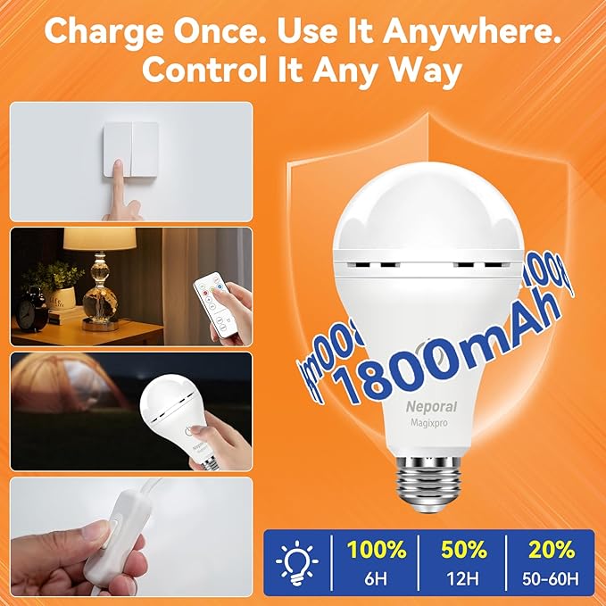 MagixPro Remote Rechargeable Light Bulbs, USB & Socket Charging, 1800mAh Battery, Dimmable LED Bulb for Hardwired & Non-wired Lamps Sconces, Touch + Remote Control, Wall Switch Compatible, 2 Pack