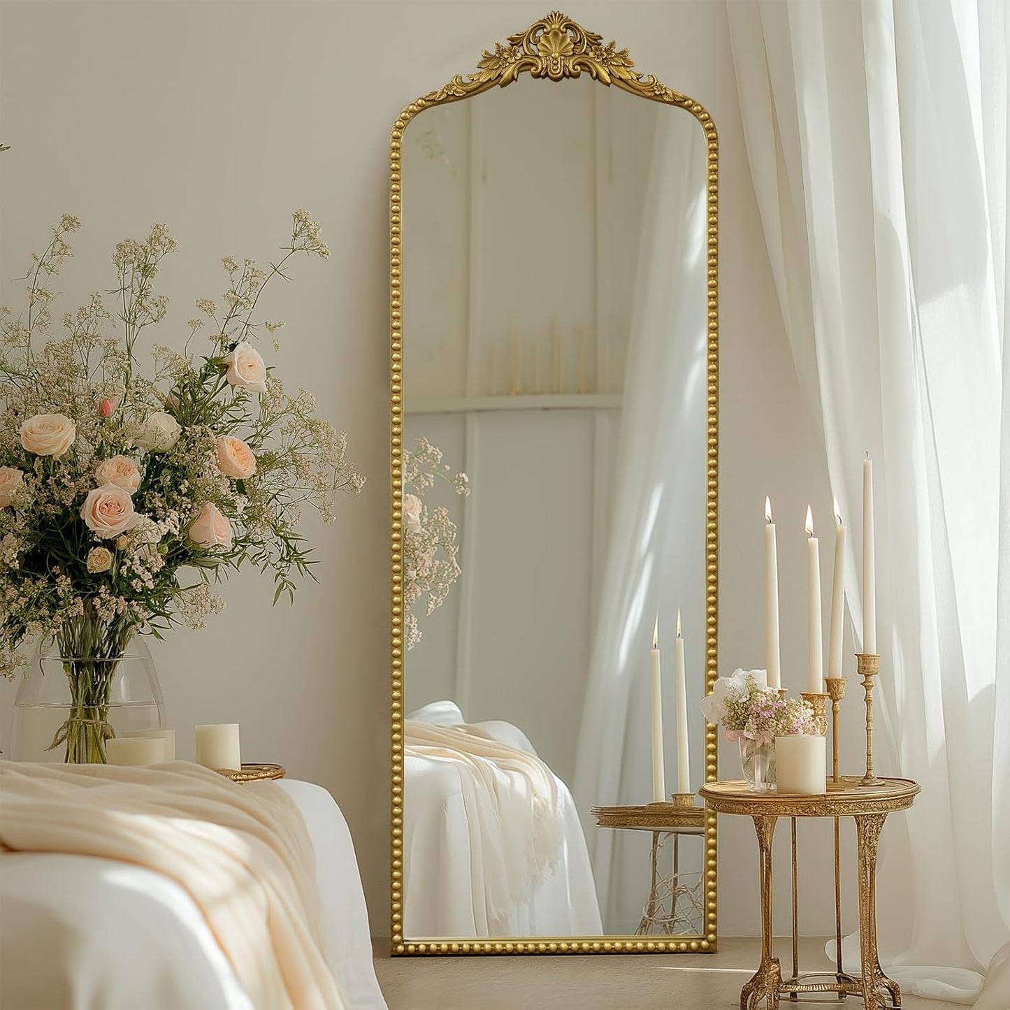 G-LEAF Vintage Baroque Full Length Floor Mirror 22"X65", Victorian Antique Mirror with Brush Gold Ornate Metal Frame for Fireplace Entryway Living Room Hallway Bathroom