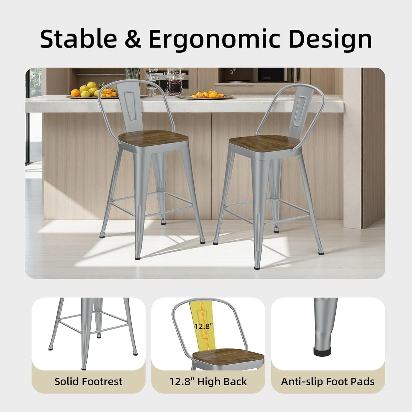 Metal Bar Stools Set of 4, High Back Bar Stools with Wooden Seat, 26 inch Silver Barstools for Kitchen Island