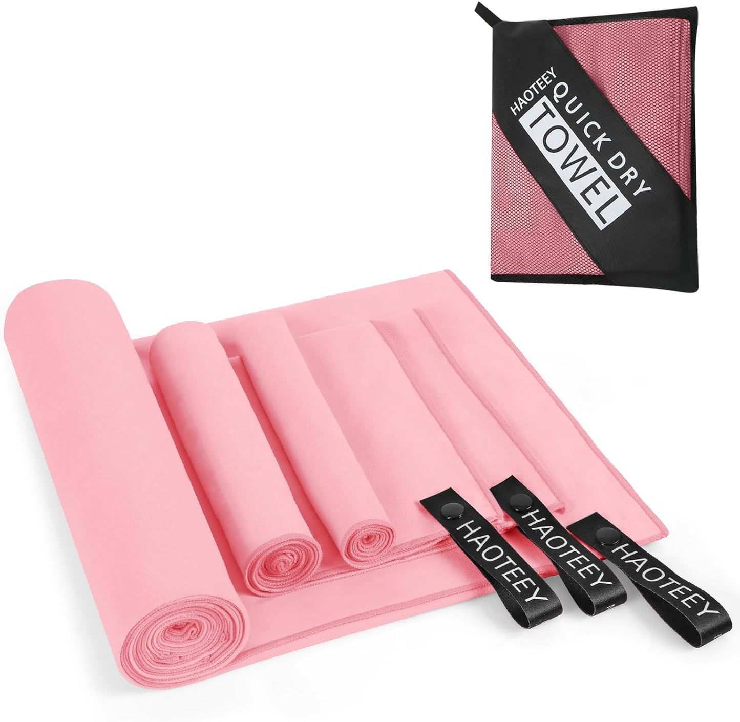 Quick Dry Travel Towel, 3 Sizes 1 Pack Camping Microfiber Towel, Lightweight Fast Drying Towels Set 60"x30", 30"x15", 15"x15" w/Bag for Gym, Beach, Hiking, Swimming, Pink