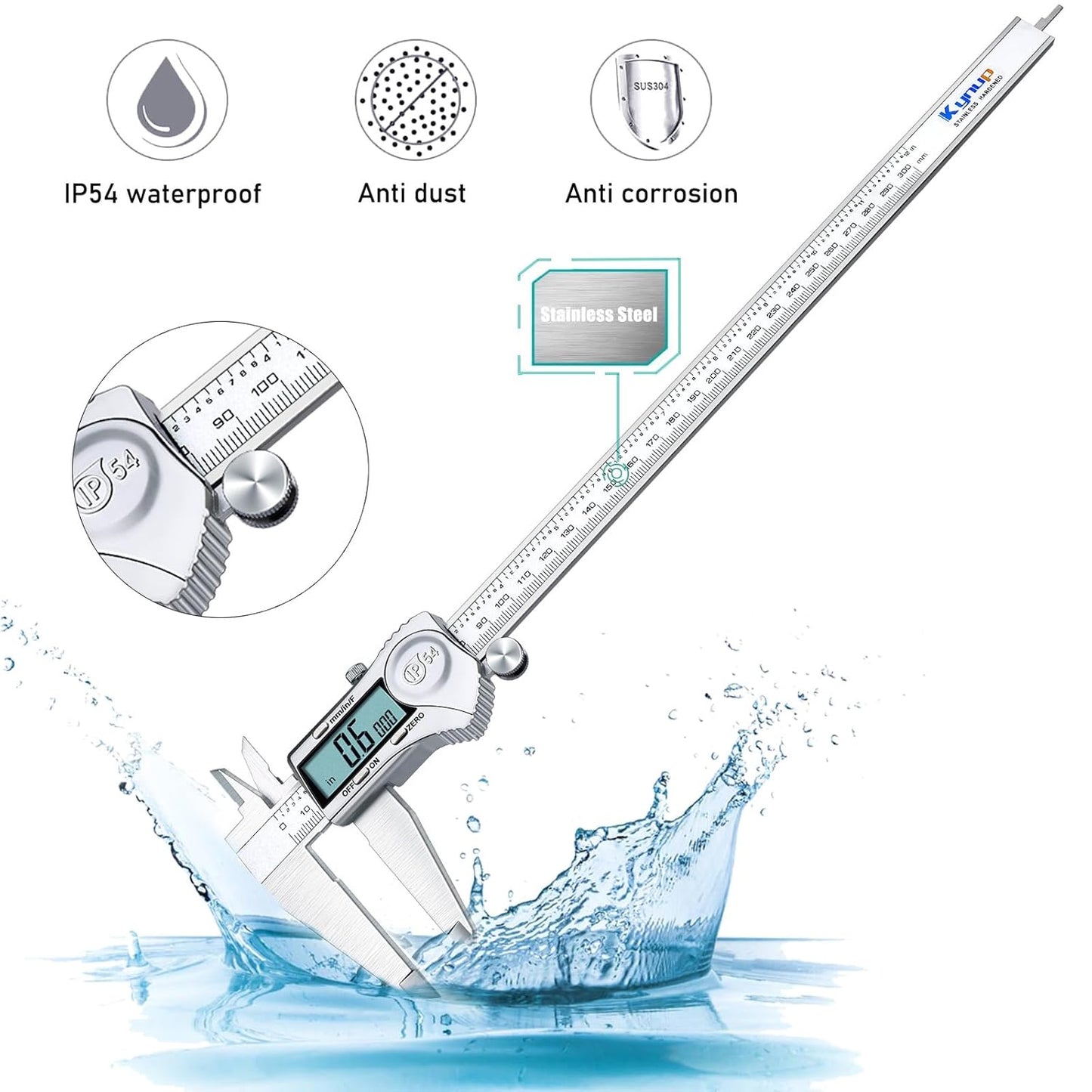 Kynup Digital Caliper, 12 Inch Caliper Measuring Tool with Stainless Steel, IP54 Splash Proof Protection Design, Large LCD Screen, Easy Switch from Inch Metric Fraction (300mm)