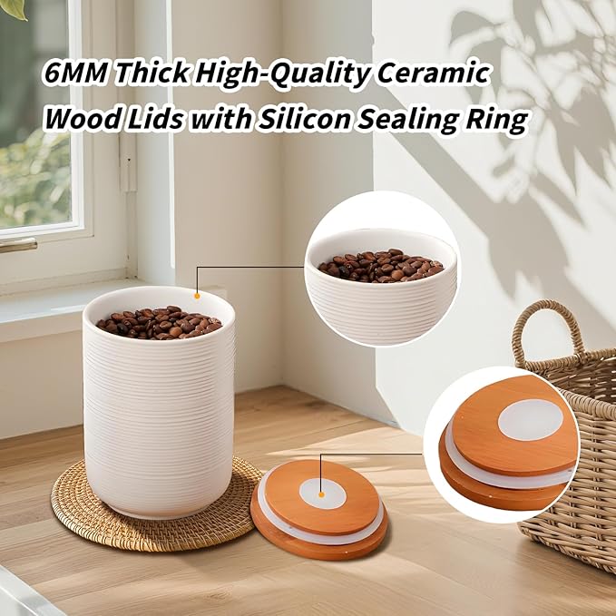 Food Storage Jar Strong Ceramic Storage Canisters with Airtight Wooden Lid,Kitchen Storage Containers for Serving Coffee Beans, Tea, Sugar, Salt, Spices (Medium white 27 oz)