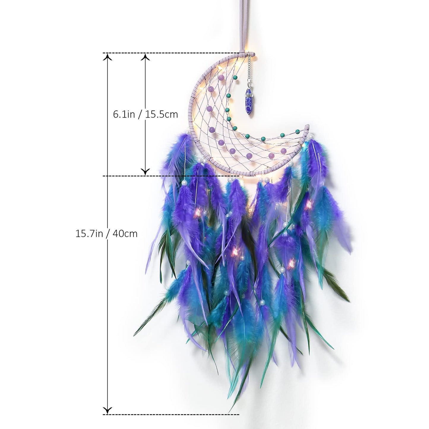 Dremisland Moon Dream Catcher with Fairy Lights-Handmade Feather Lucky Turquoise Pendant Beads Wall Hanging Ornament for Kids Bedroom Home Decoration,Art Craft Gift. (Blue&Purple)