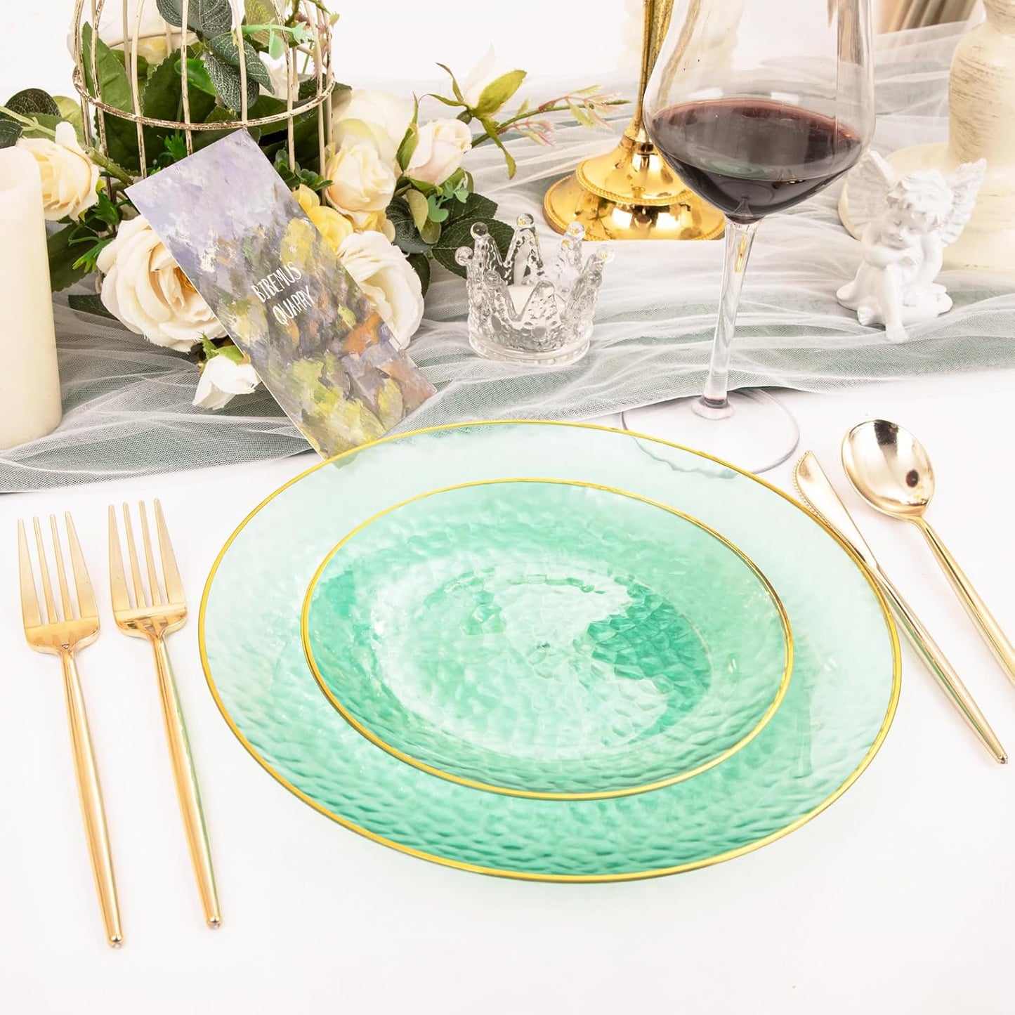 Rubtlamp 60 Green Plastic Plates, Hammered Clear and Gold Disposable Plates Include 30 Dessert Platos, 30 Dinner Platos for St. Patrick's Day