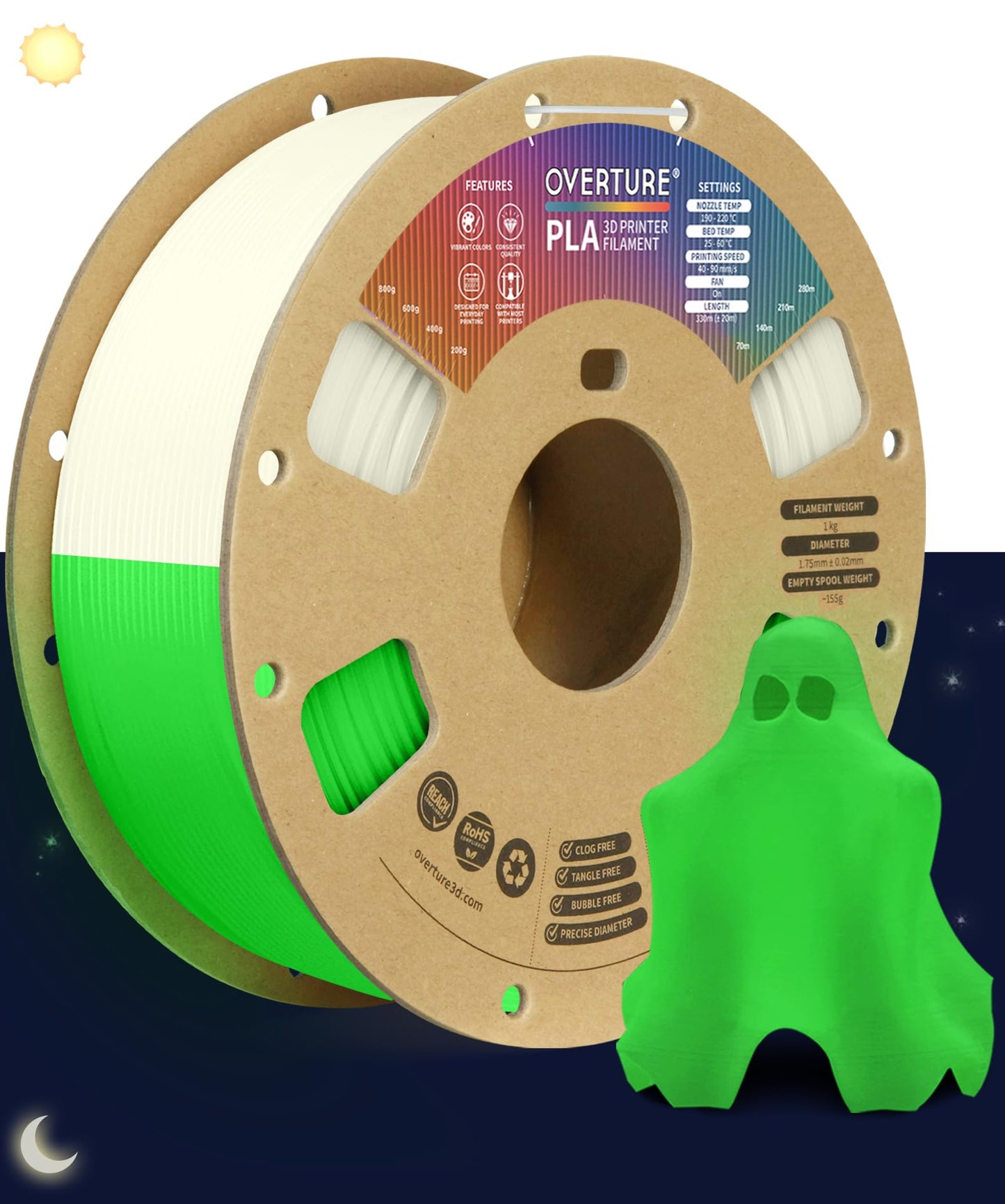 OVERTURE Glow PLA Filament 1.75mm 3D Printer Filament, 1kg Spool (2.2lbs), Dimensional Accuracy +/- 0.02 mm, Fit Most FDM Printe