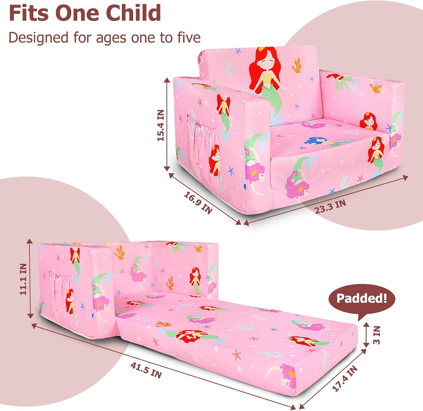 Kids Couch, 2-in-1 Kids Fold Out Sofa, Convertible Toddler Couch to Lounger for Girls and Boys, Soft Toddler Chairs Comfy 1-3 Years Old(Mermaid)