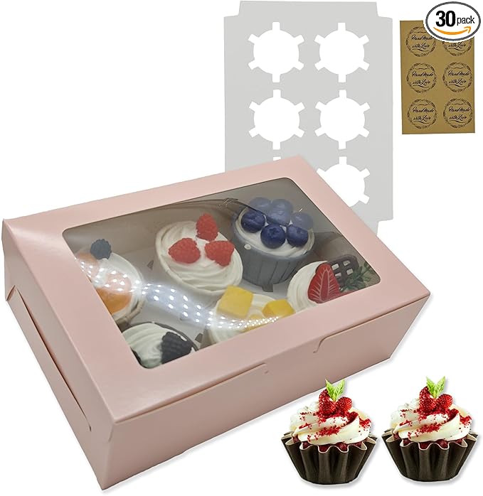 Cupcake Boxes 6 Count, Disposable Cupcake Containers, Food Grade Carrier with Window and Inserts for Cupcakes Muffins Cookies Pastries Donuts (Pink, 30 Pack)