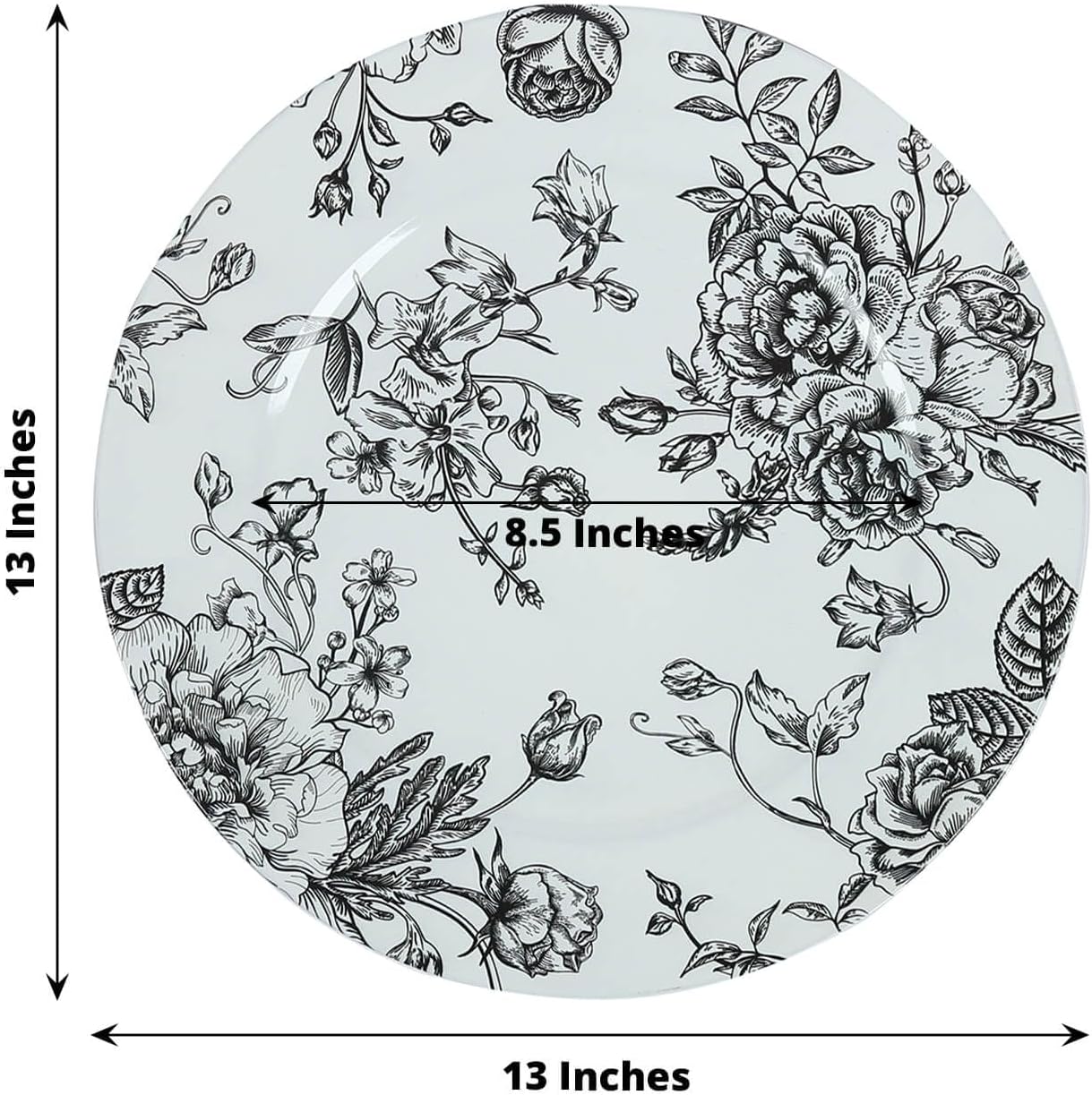 Efavormart 6-Pack Acrylic Charger Plates 13" Round White with Black Floral French Toile Pattern - Decorative Dinner Party Charger Tableware