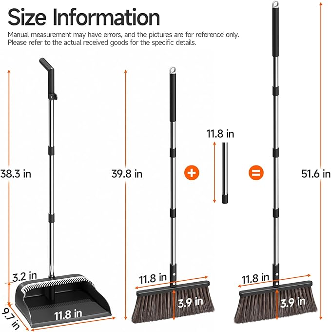 CTIME Broom and Dustpan Set, Extra Brush Head & 51.6" Adjustable Long Handle Standing Dustpan Set, with Dust Pan Teeth to Clean Pet Hair, Easy Sweeping Suitable for Home Kitchen Office Lobby