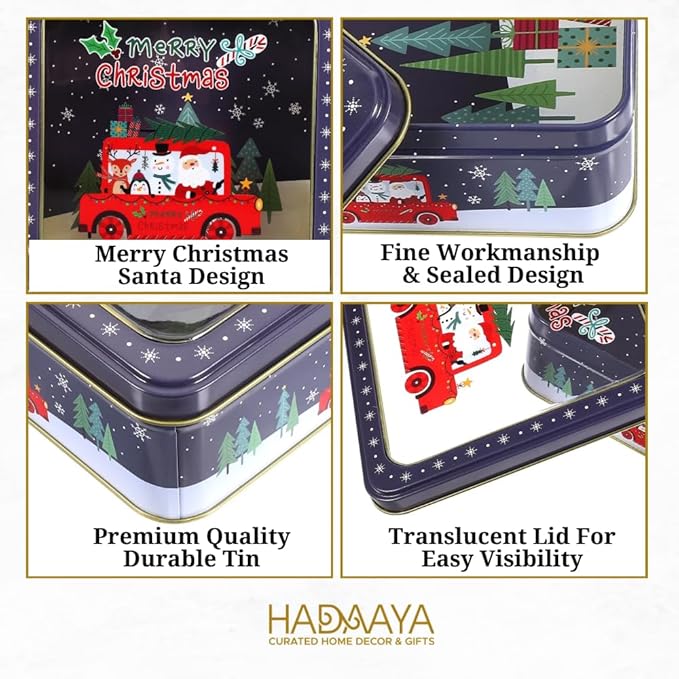 Square Christmas Tin Bundle – Set of 3 Holiday Cookie & Gift Tins (Green Tree, Red Snowflake, Blue Snowflake Truck) – Festive Containers for Cookies, Candy, Treats & Seasonal Gifting