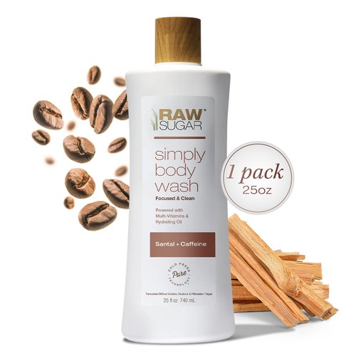RAW SUGAR Simply Body Wash - Santal + Caffeine (25 Fl Oz, Pack of 1) Moisturizing & Soothing Bath & Shower Gel, Formulated without Sulfates & Parabens, Vegan