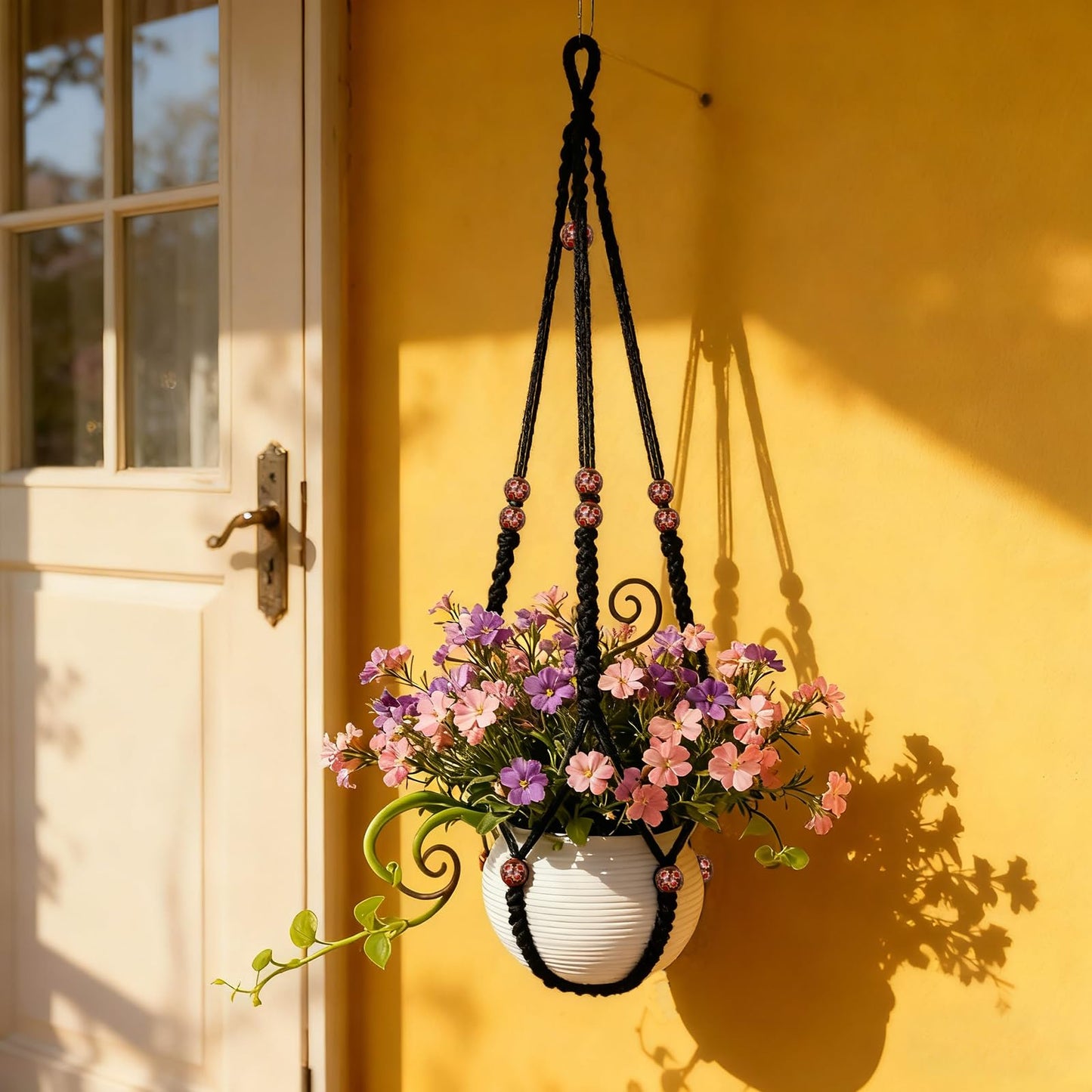 HOREAKHJ 35 Inch Macrame Plant Hanger, Large for up to 15 Inch Pot Extra Long Hanging Planter Holder Basket with Wood Beads for Indoor Outdoor Home Decor (Black, 2-Pack)