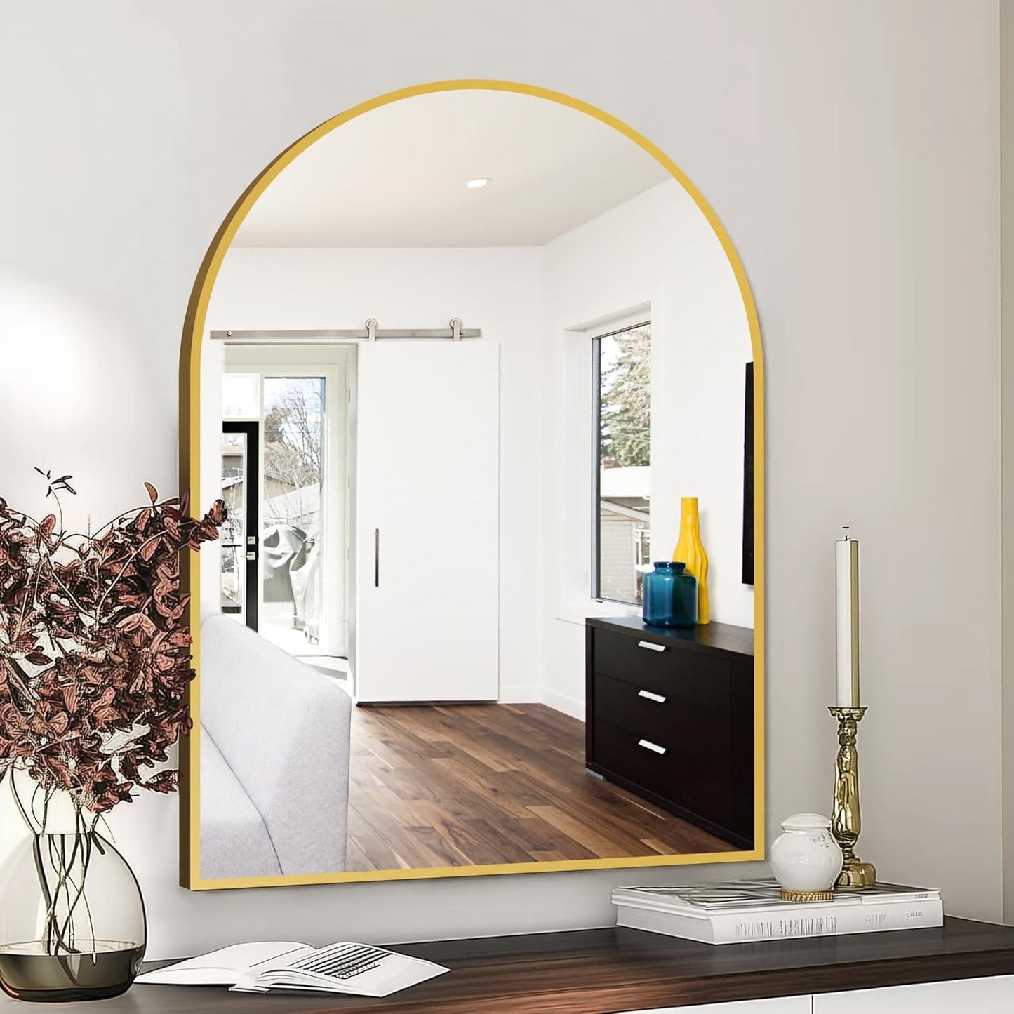 FICTOR Bathroom Vanity Mirror for Wall,40”x30” Large Arched Metal Framed Bathroom Mirror for Over Sink, Entryway, Living Room,Bedroom(Gold)