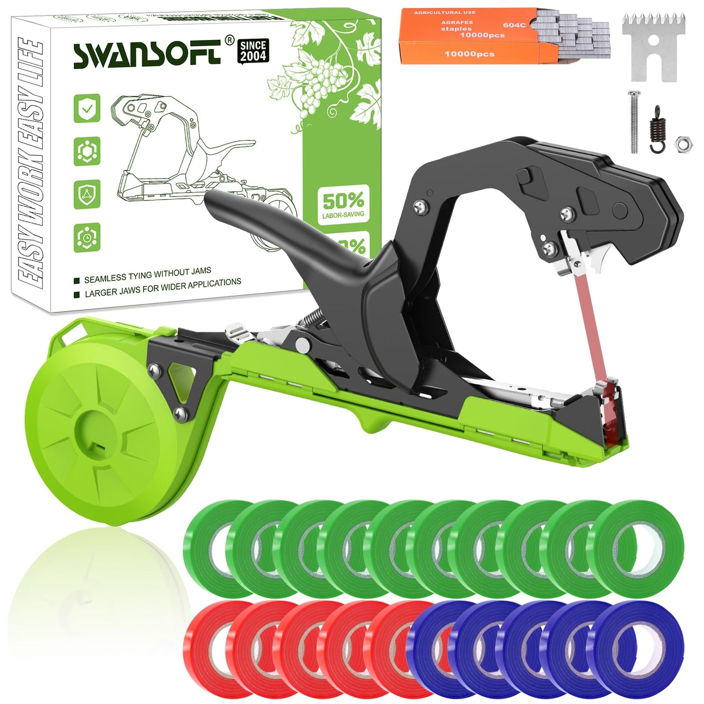 SWANSOFT Plant Tying Machine, Lightweight Plant Vine Tying Tape Machine Tool, Planting Tape Gun for Tomatoes, Grapes and Vegetable Garden, Come with 20000pcs Staples 20 Rolls (Green-New)