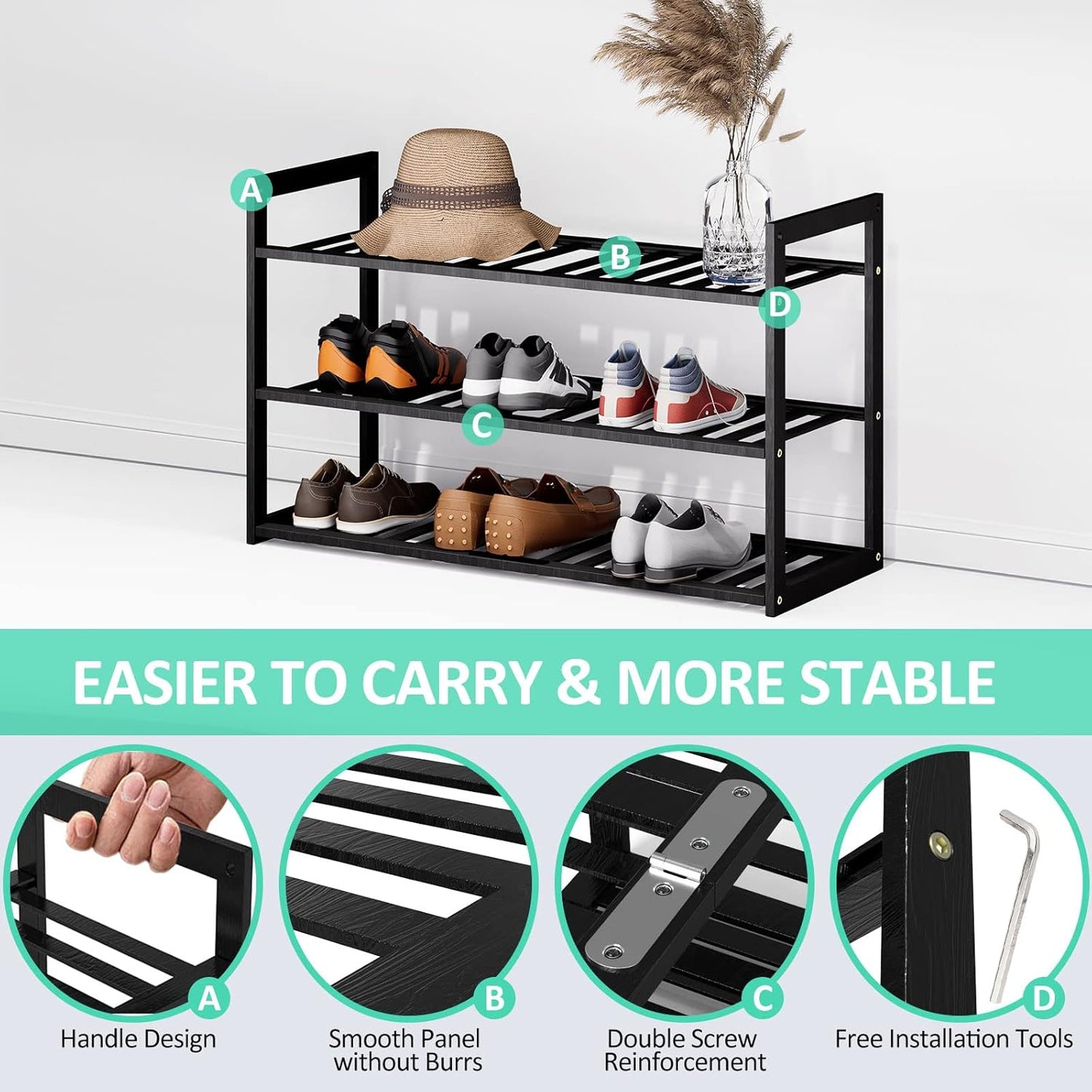 Bamboo Shoe Rack for Closet, Stackable 3 Tier Longer Shoe Organizer Shelf Holder Storage 12-15 Pairs for Entryway Door Hallway Bedroom Garage Space Saving Foldable Black