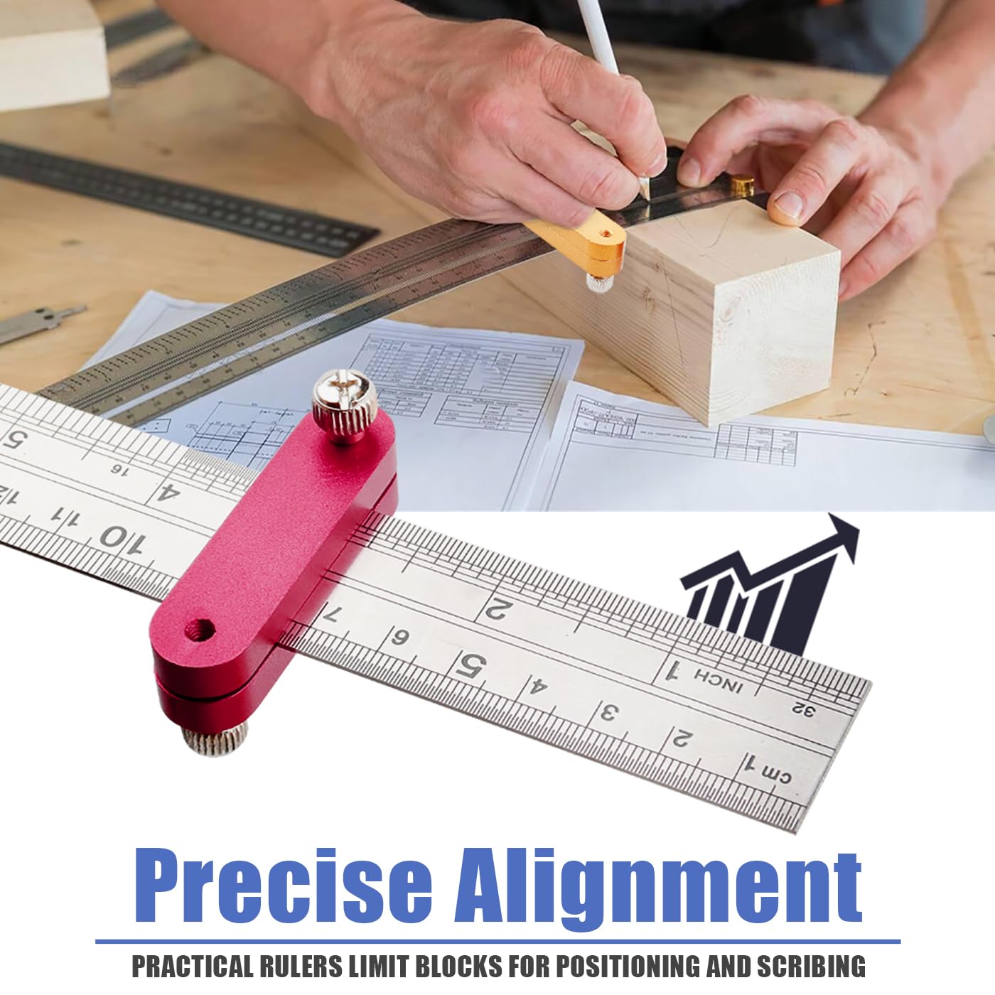 Mesee 4 Pieces Ruler Positioning Blocks Adjustable Thickness Ruler Stop Fence Woodworking Aluminum Alloy Rulers Limit Block Scribing Tool Rulers Locator Wood Mortise Scriber Line Marking Gauge