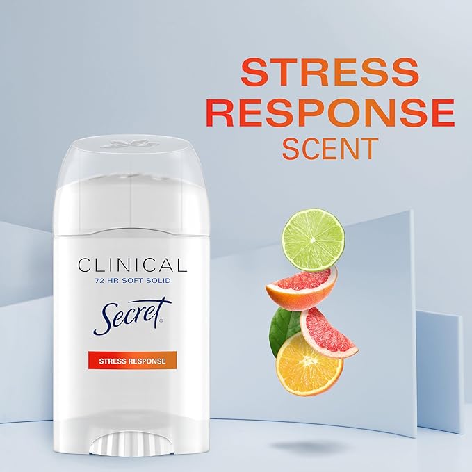Secret Clinical Strength Antiperspirant Deodorant for Women, Stress Response, 3X Stress Protection, 72hr Sweat & Odor Protection, PH Balancing Minerals, Soft Solid, 1.6 oz