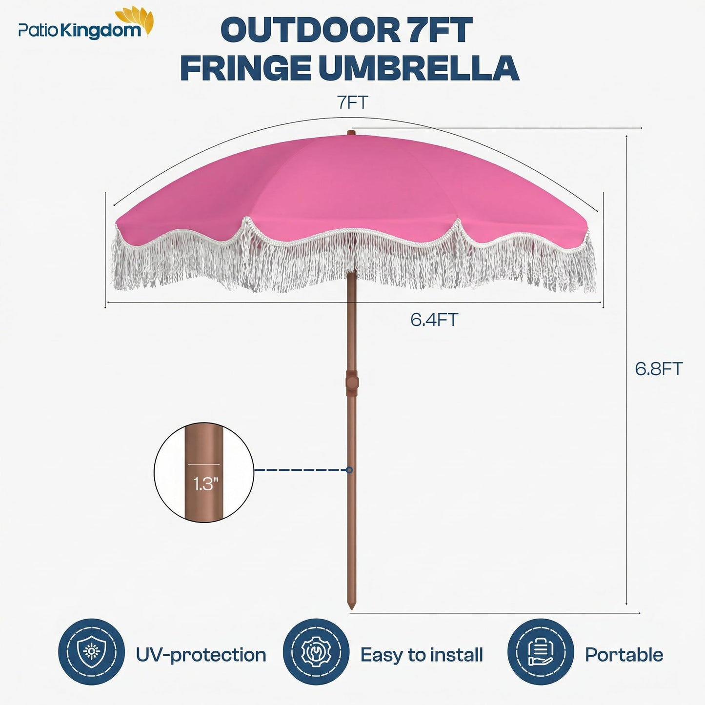 Patio Kingdom 7ft Patio Umbrella with Fringe, Boho Beach Umbrellas, Outdoor Tassels Umbrellas with Push Button Tilt & Carrying Bag, 8 Windproof Fiberglass Ribs, UPF50+, Light Pink