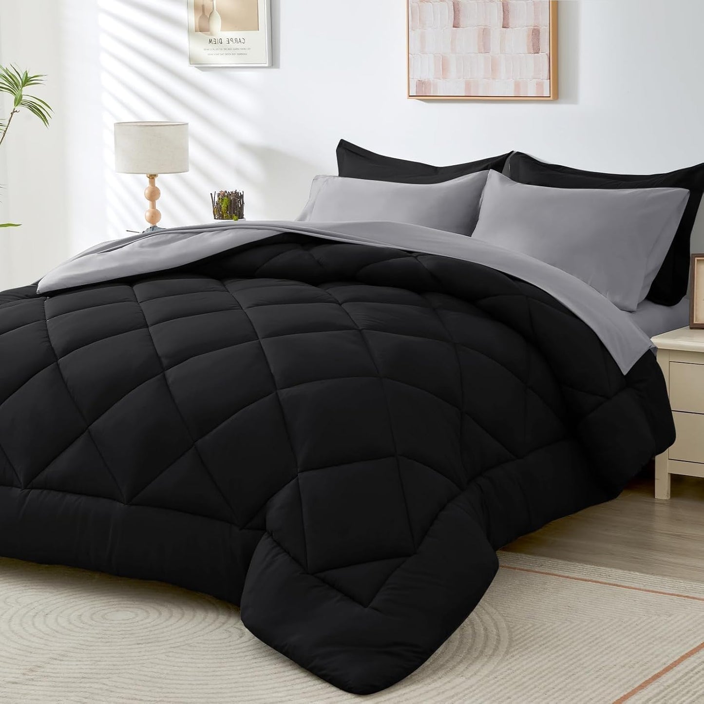 HEVUMYI Cali-King Comforter Set - 7-Piece All Season Bed in a Bag Cali-King, Ultra Soft Bedding Set with Comforter, Flat Sheet, Fitted Sheet, Pillowcases, Pillow Shams, Black & Light Grey