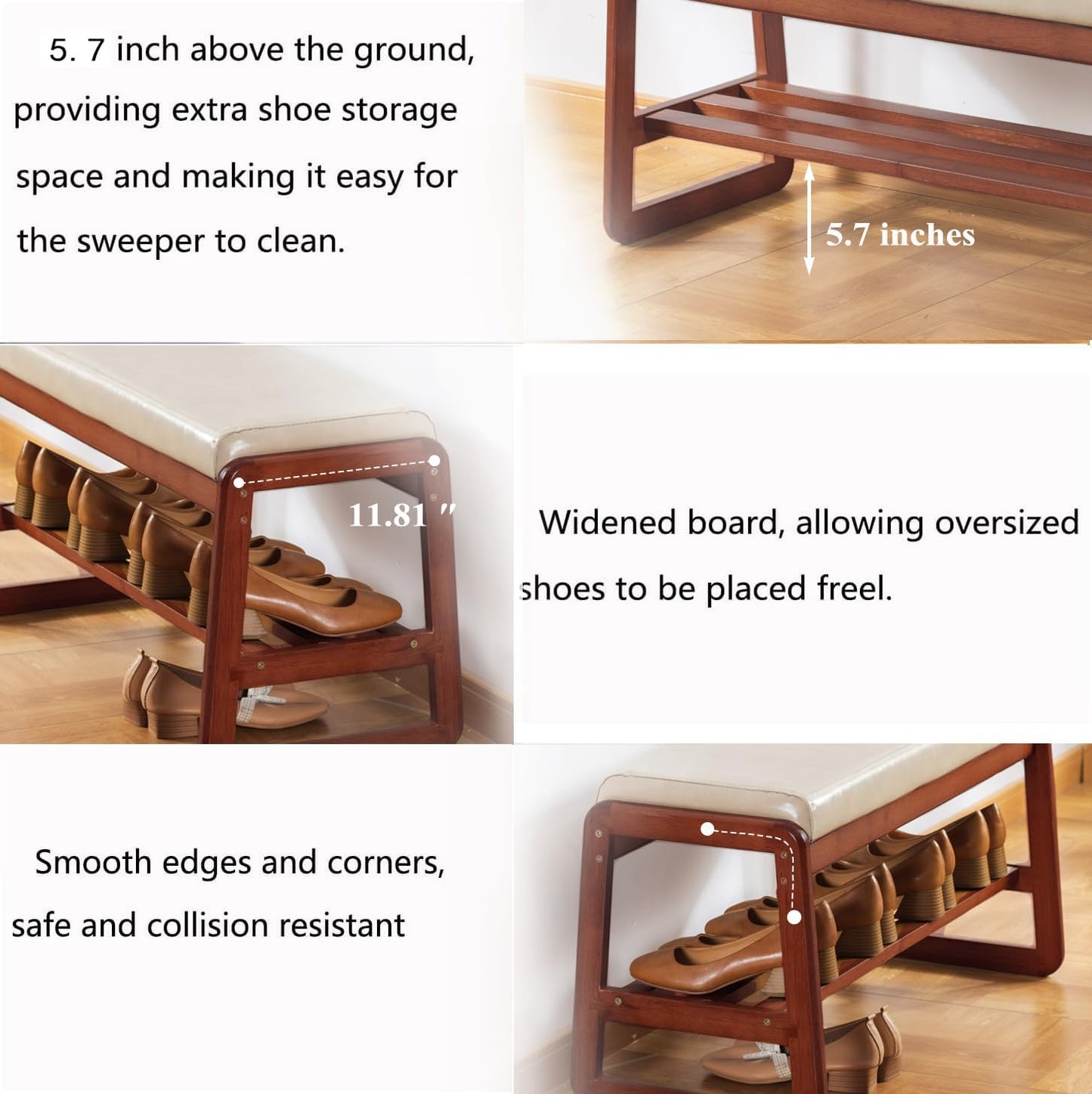 Solid Wood Shoe Bench, 2-Tier Wooden Entryway Bench, Modern Shoe Rack with Faux Leather Cushion for Hallway, Living Room (Gray, 31.5'')