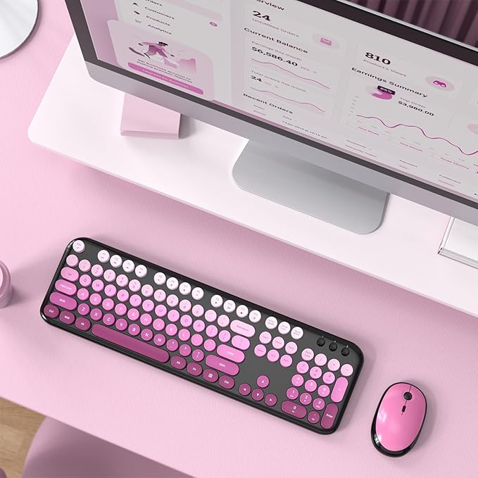 Wireless Keyboard and Mouse Combo, 104 Keys Full Size Typewriter Keyboards, 2.4G USB Plug and Play for Windows 7 8 10 11, PC, Laptop, Desktop, Black & Pink